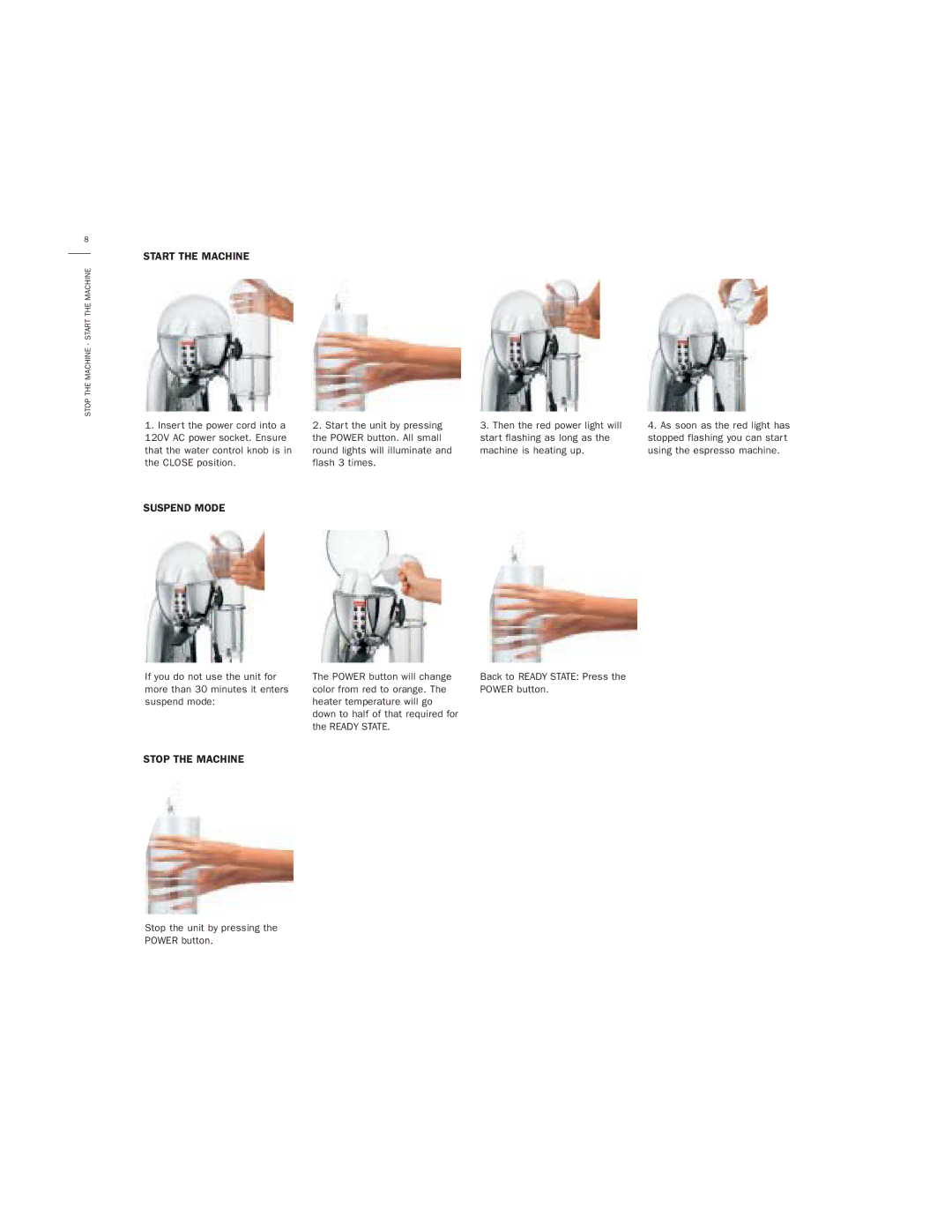 Bodum 3020 manual Start the Machine, Suspend Mode, Stop the Machine 