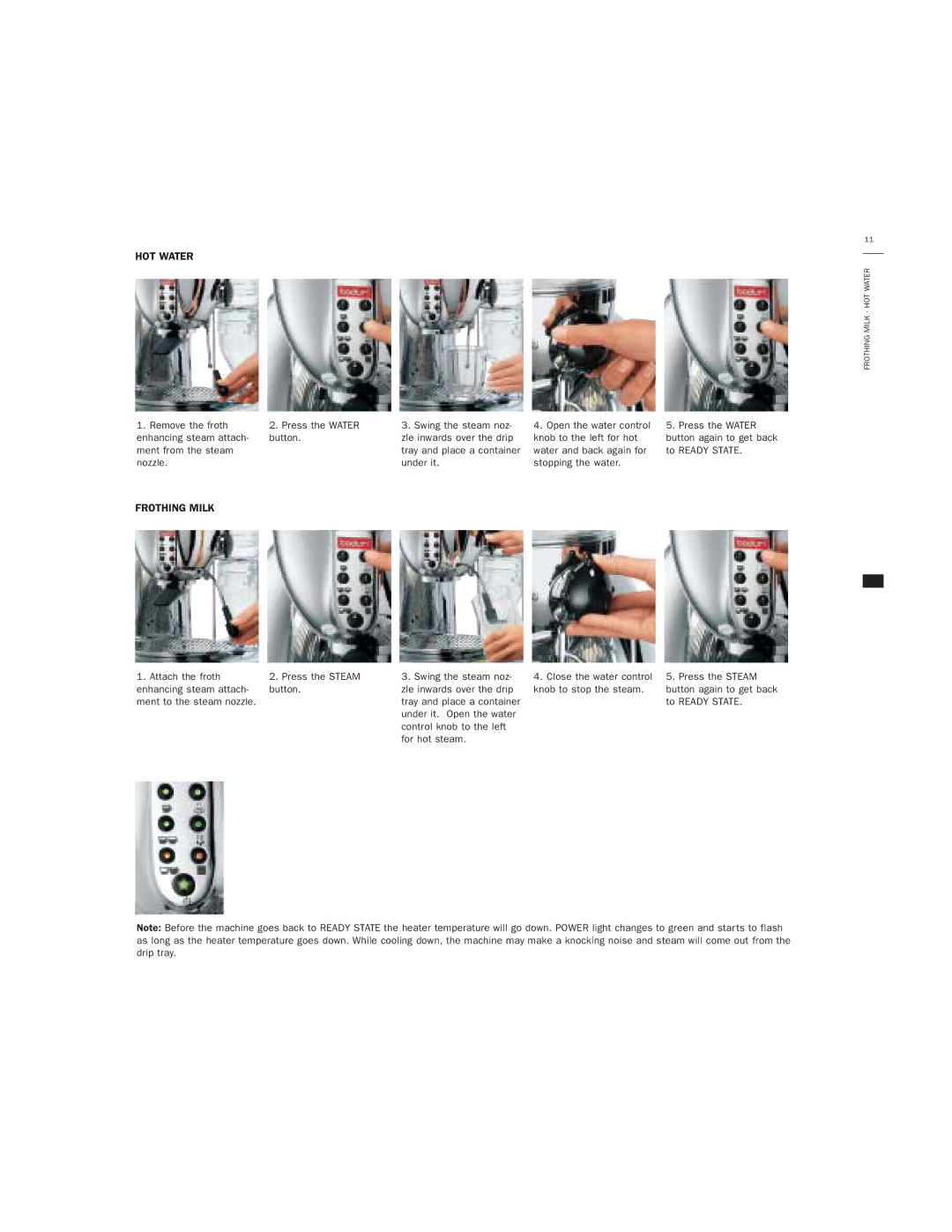 Bodum 3020 manual HOT Water, Frothing Milk 