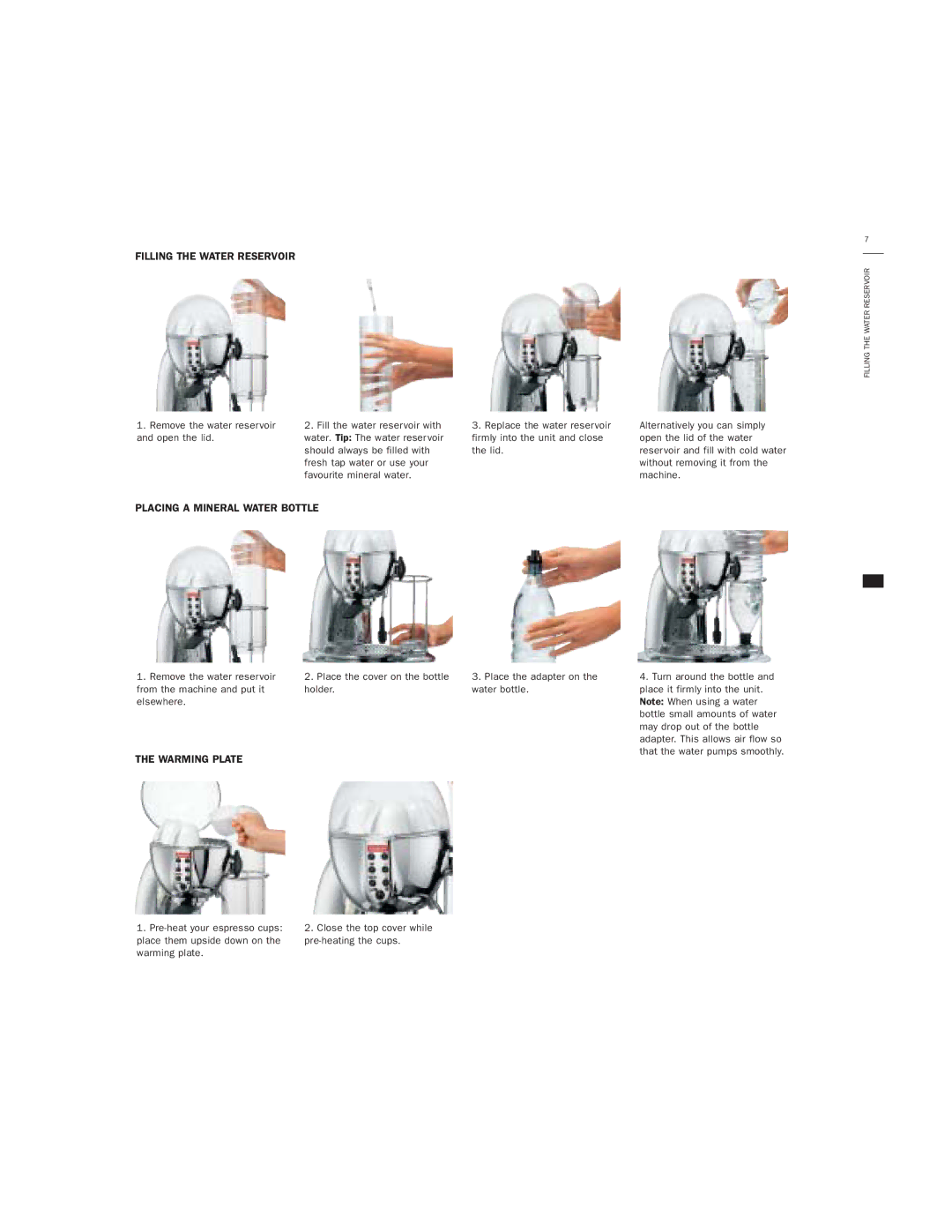 Bodum 3020 manual Filling the Water Reservoir, Placing a Mineral Water Bottle, Warming Plate 