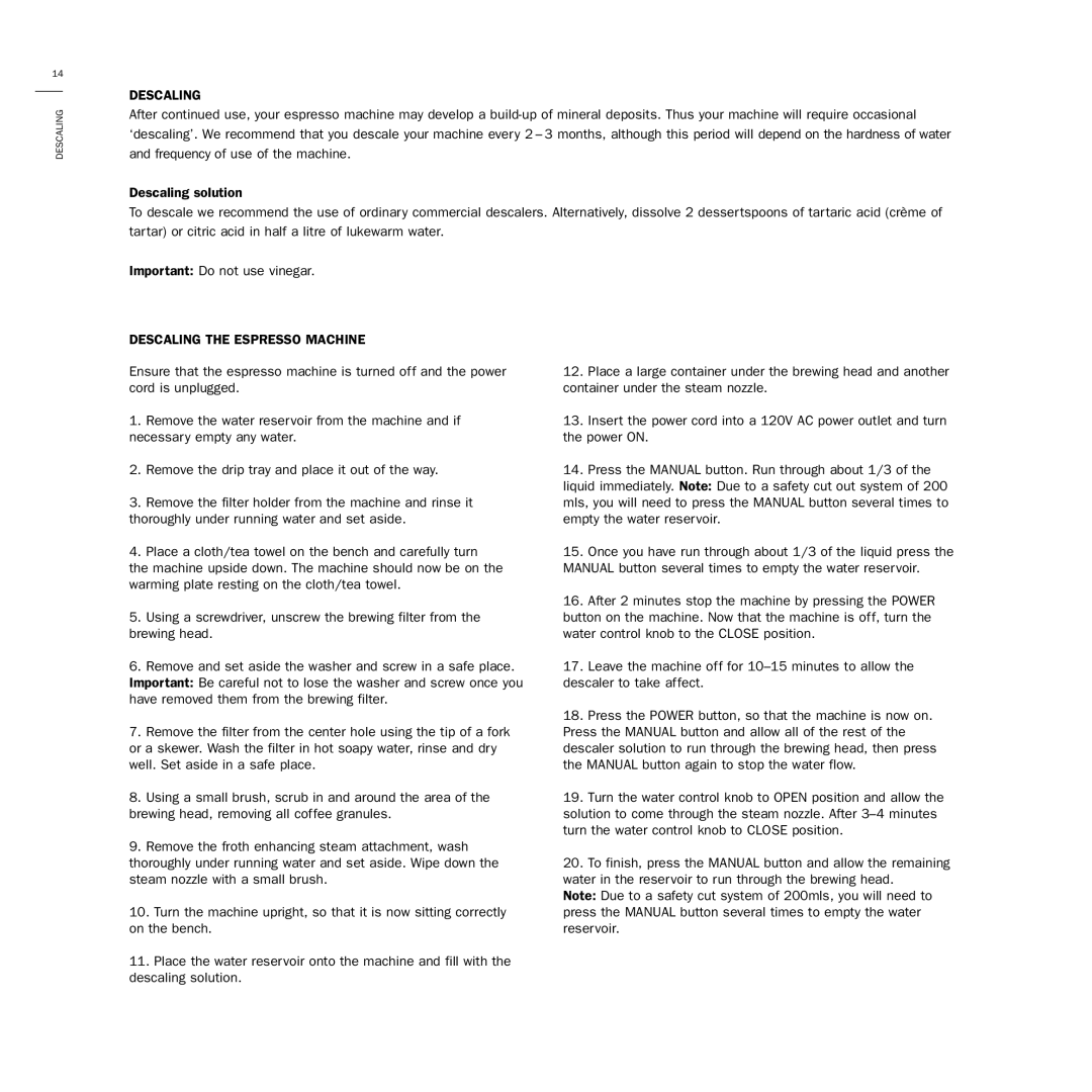 Bodum 3020 manual Descaling the Espresso Machine 