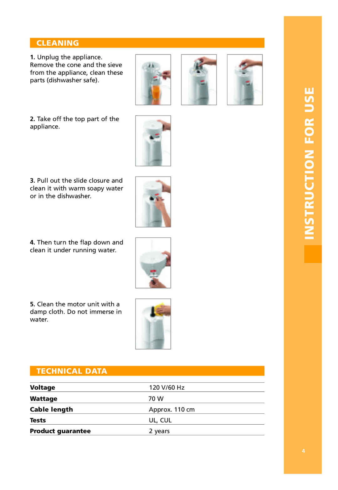 Bodum 3021 / 3022 manual Cleaning, Technical Data 