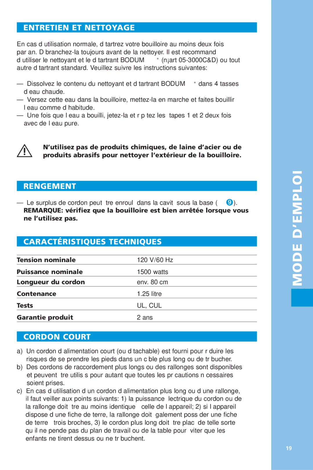 Bodum 5057 manual Entretien ET Nettoyage, Rengement, Caractéristiques Techniques, Cordon Court 