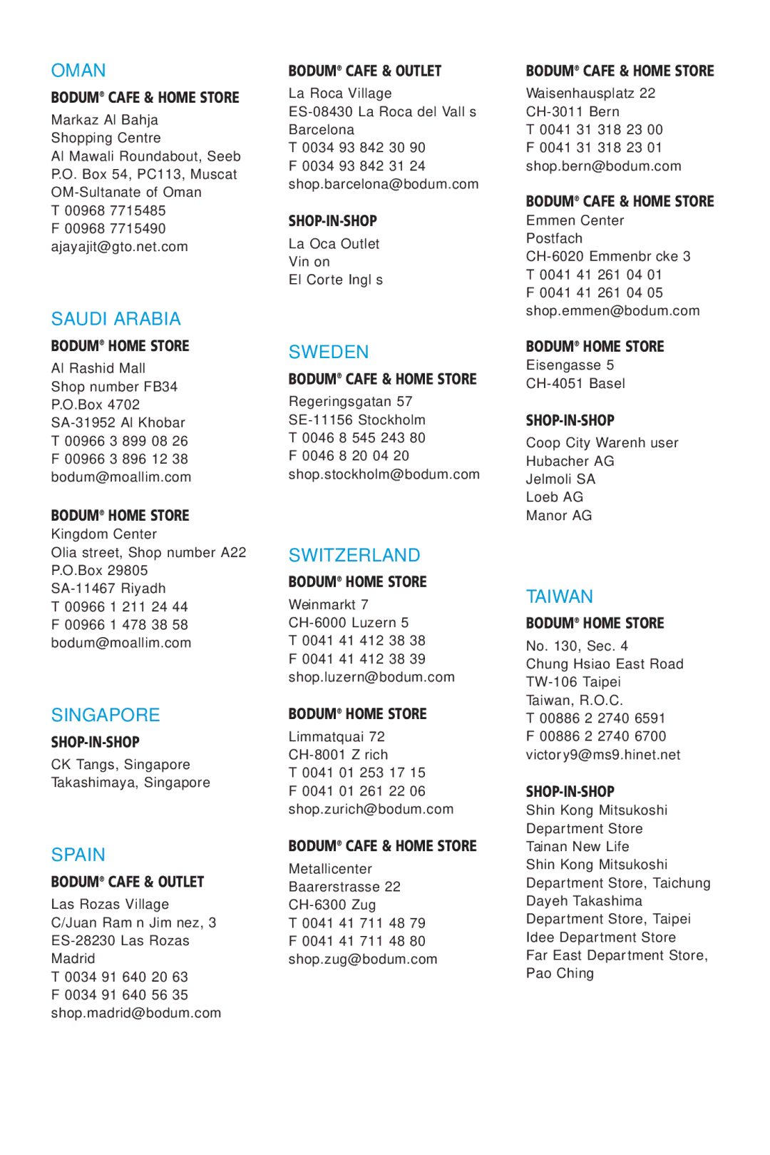 Bodum 5057 manual Oman, Saudi Arabia, Singapore, Spain, Sweden, Switzerland, Taiwan 