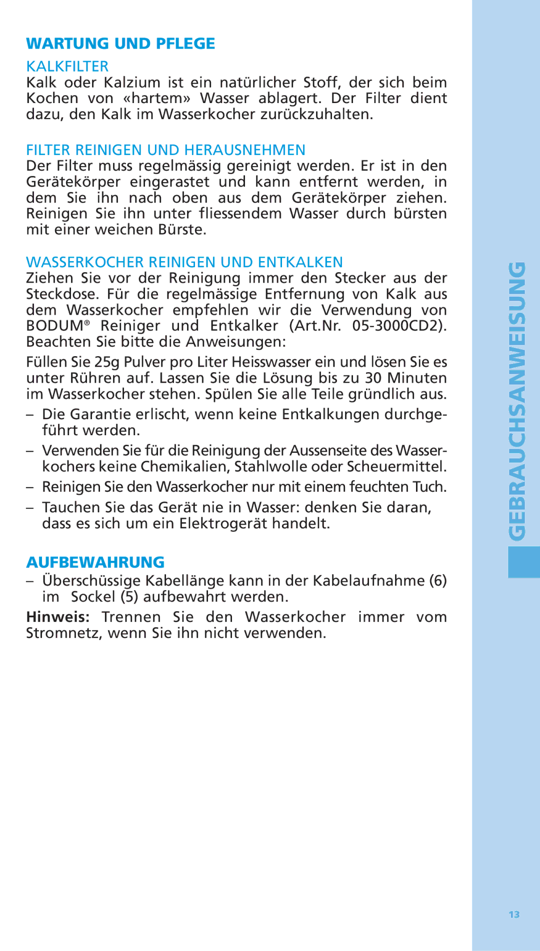 Bodum 5500-16 manual Wartung UND Pflege, Kalkfilter, Filter Reinigen UND Herausnehmen, Wasserkocher Reinigen UND Entkalken 