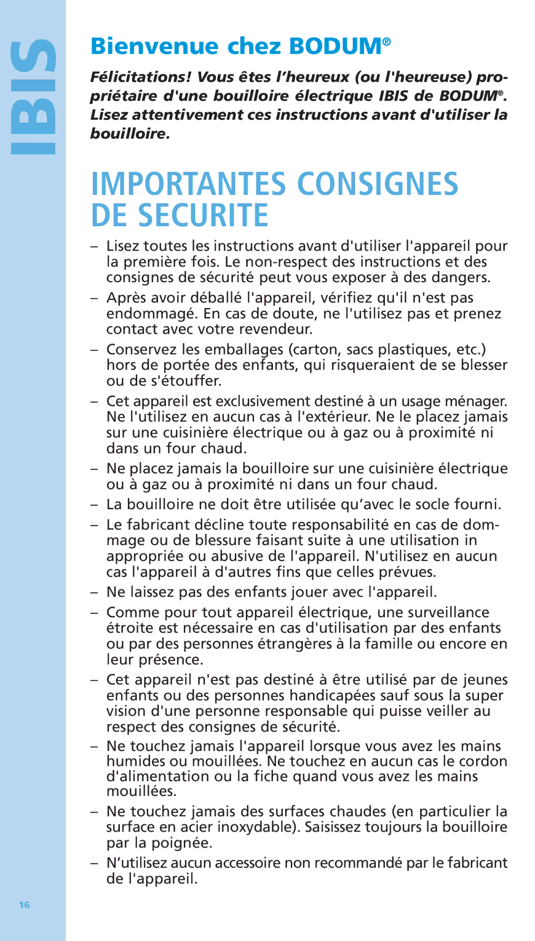 Bodum 5500-16 manual Importantes Consignes DE Securite, Bienvenue chez Bodum 