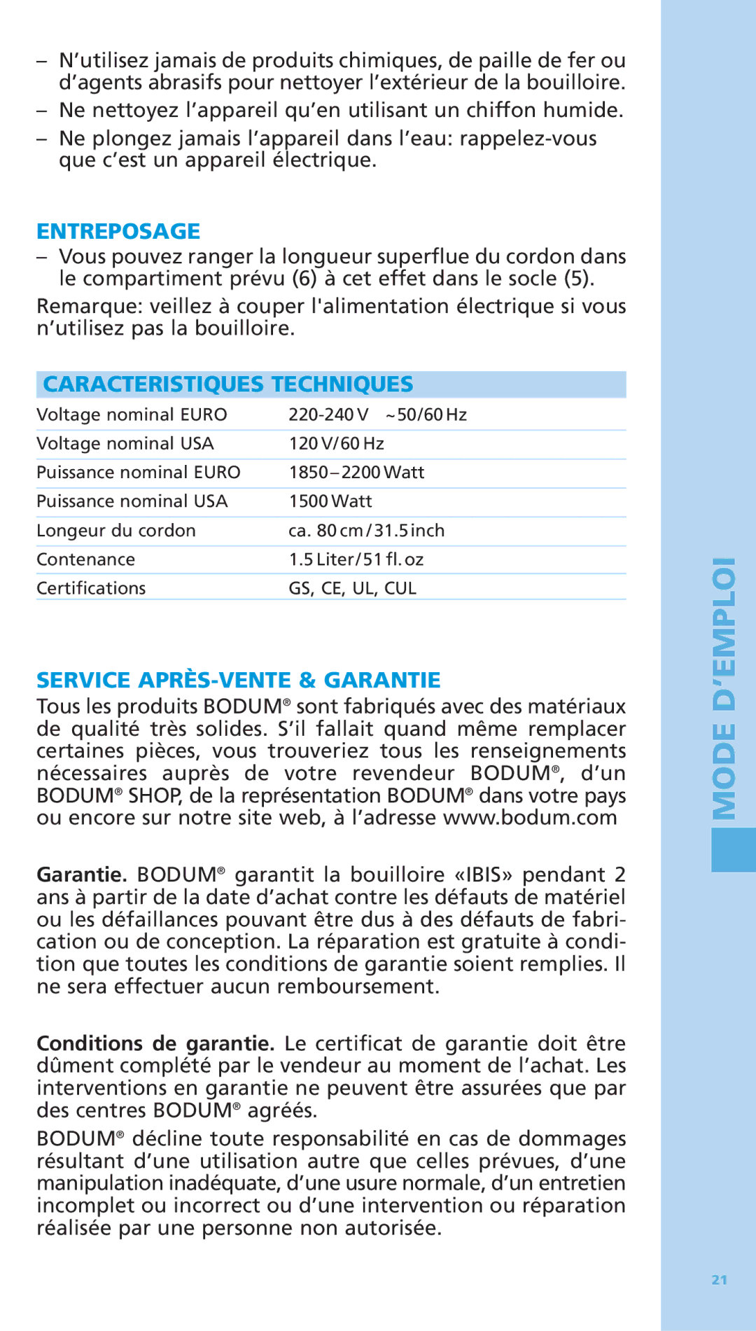 Bodum 5500-16 manual Entreposage, Caracteristiques Techniques, Service APRÈS-VENTE & Garantie 