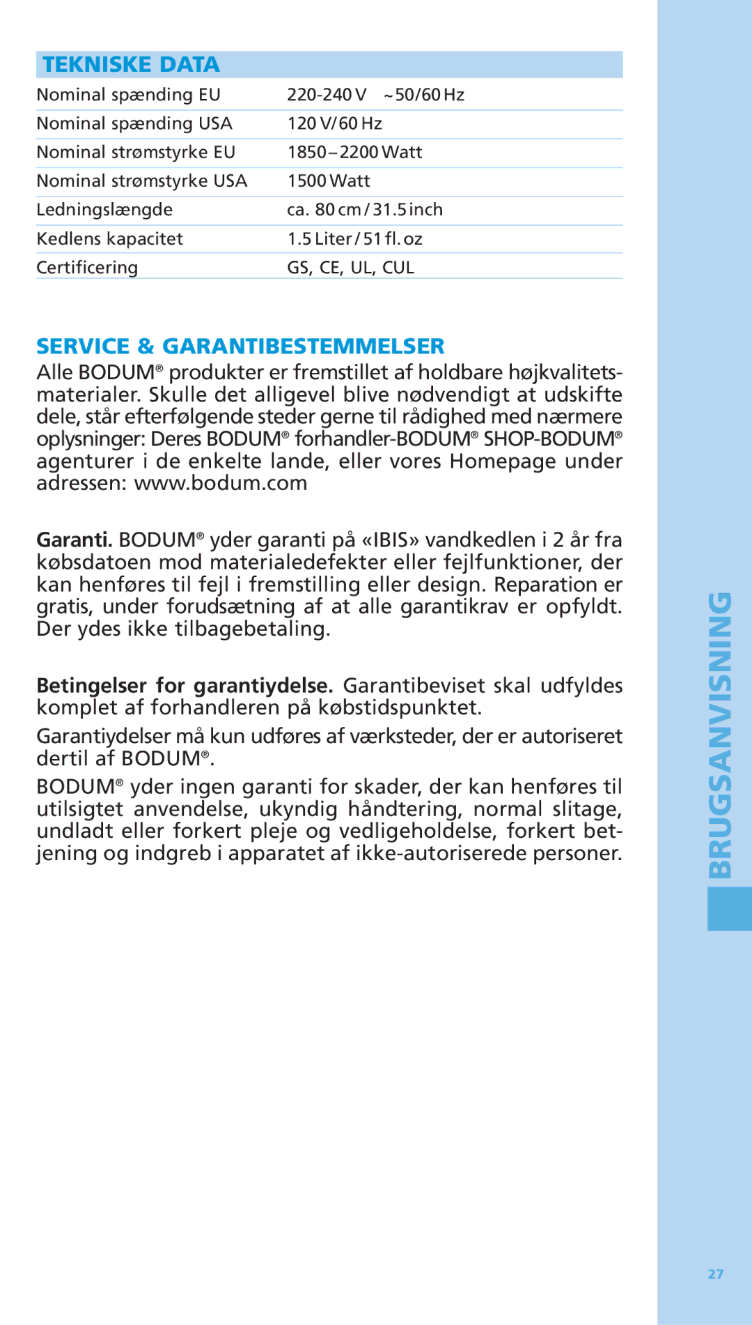 Bodum 5500-16 manual Tekniske Data, Service & Garantibestemmelser 