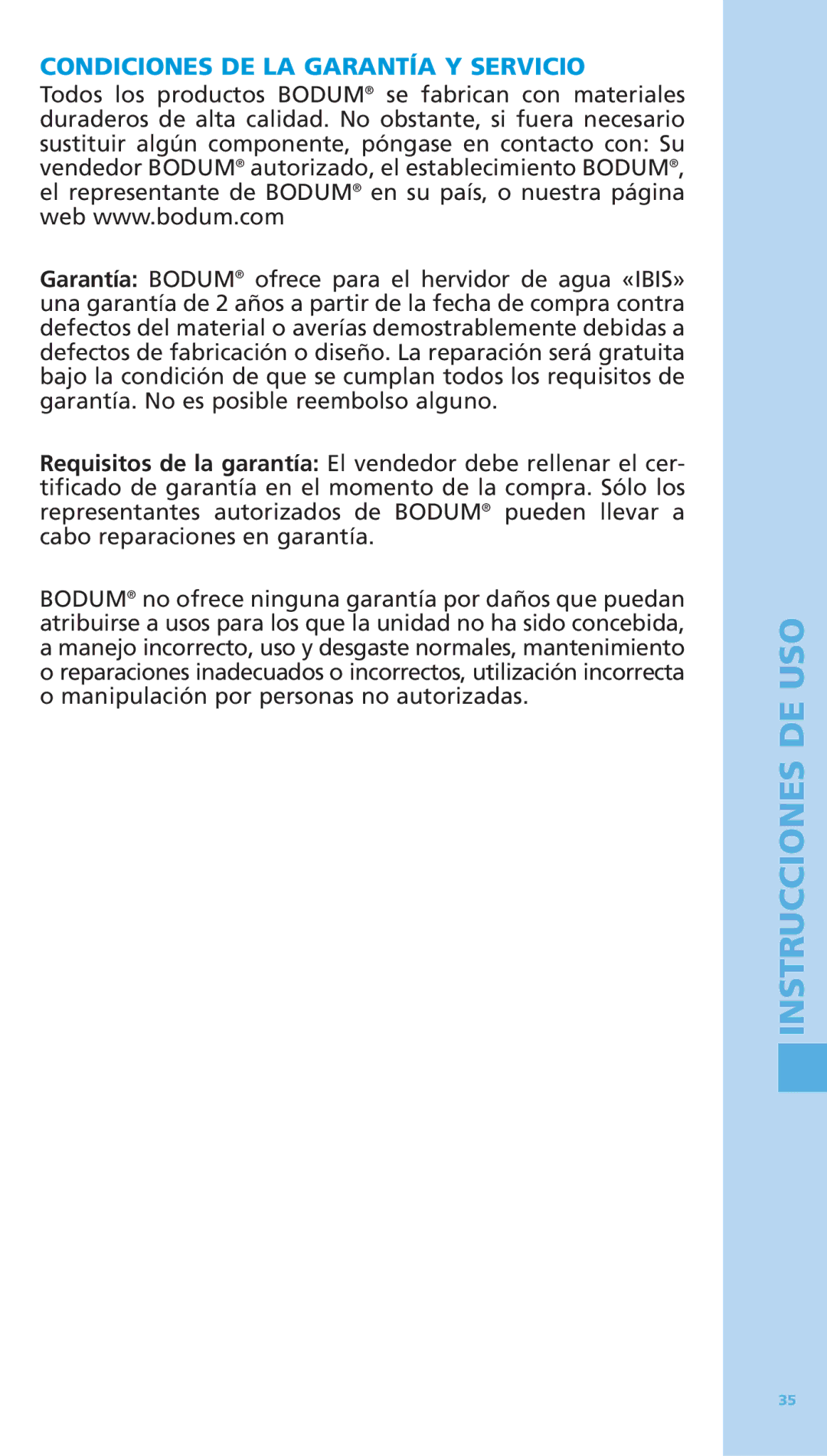 Bodum 5500-16 manual Condiciones DE LA Garantía Y Servicio 