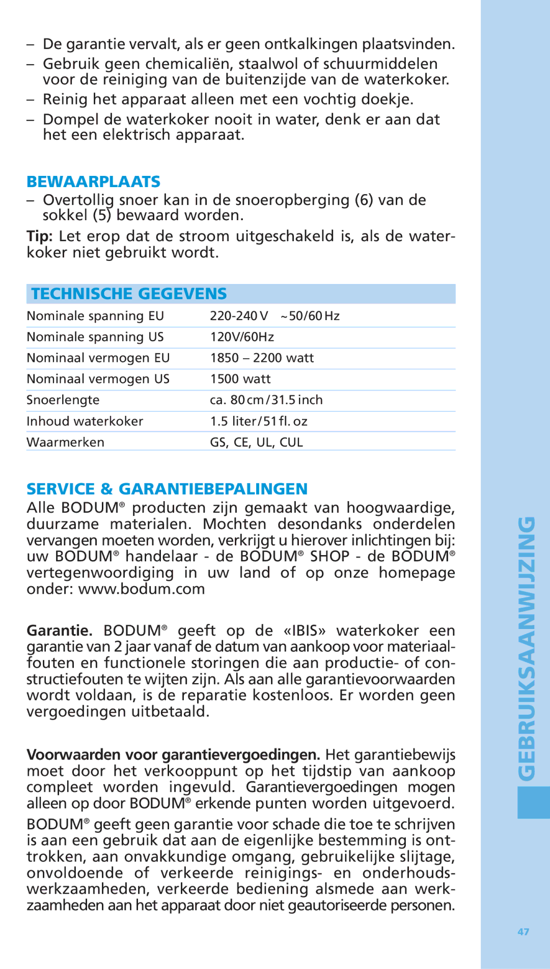 Bodum 5500-16 manual Bewaarplaats, Technische Gegevens, Service & Garantiebepalingen 