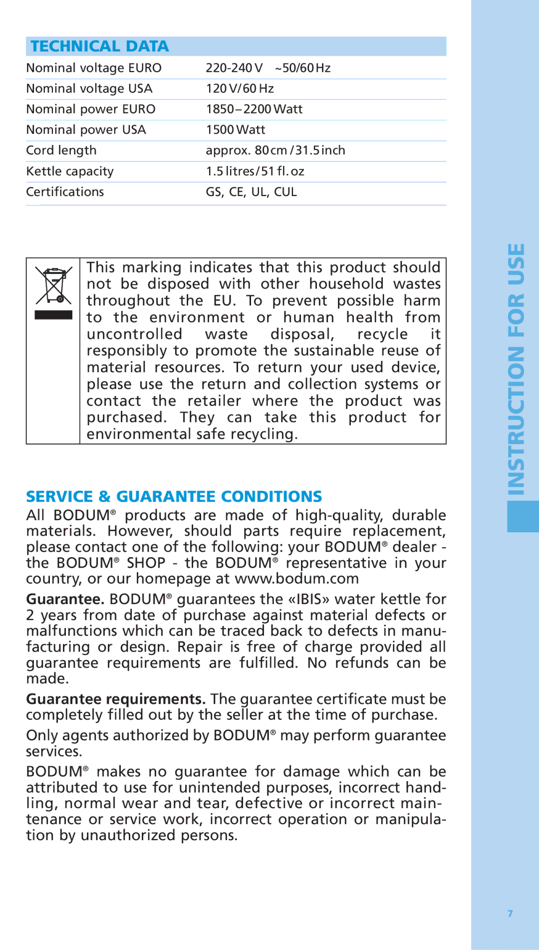 Bodum 5500-16 manual Technical Data, Service & Guarantee Conditions 