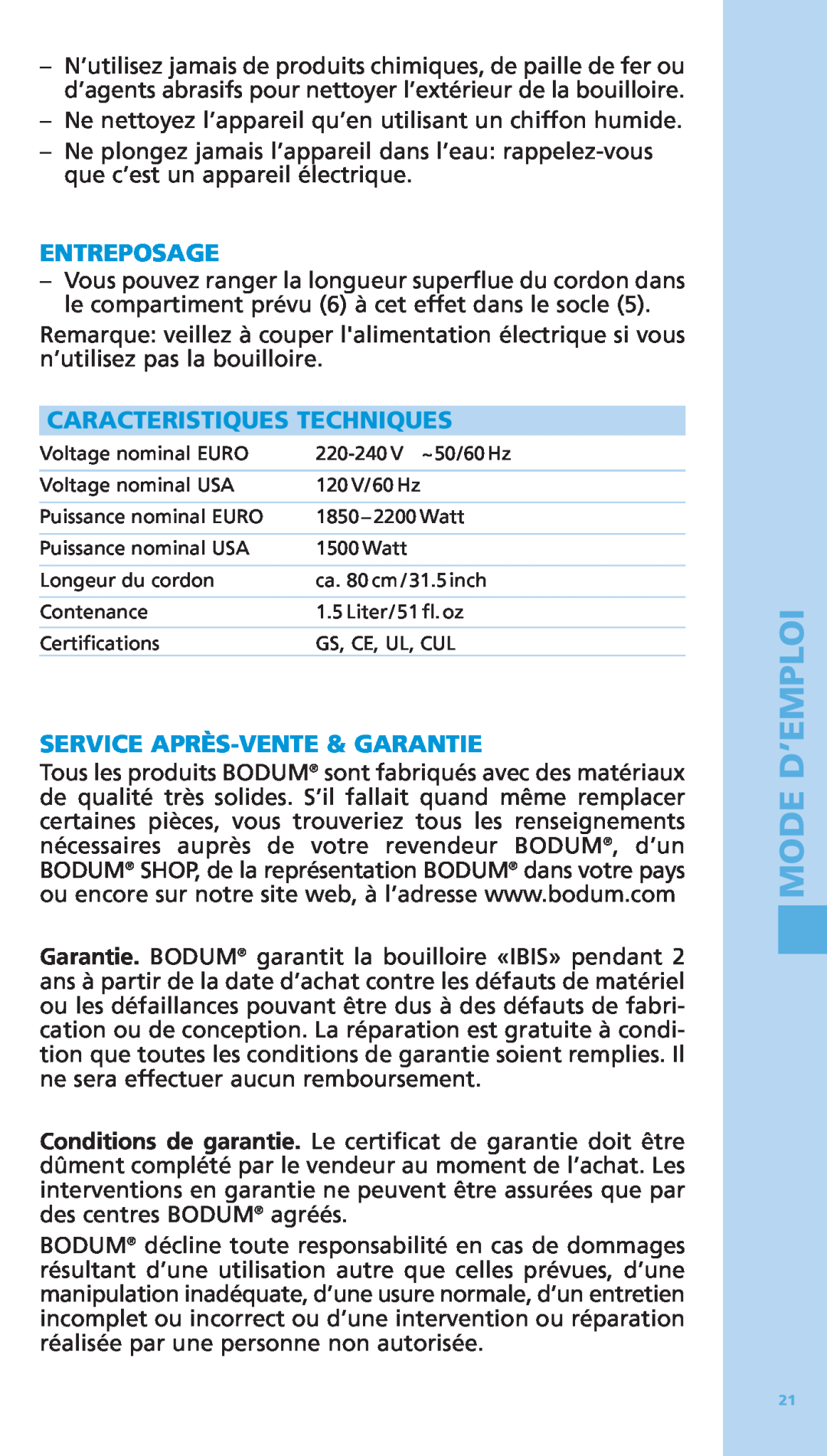 Bodum 5500-16 manual Entreposage, Caracteristiques Techniques, Service Après-Vente & Garantie, Mode D’Emploi 