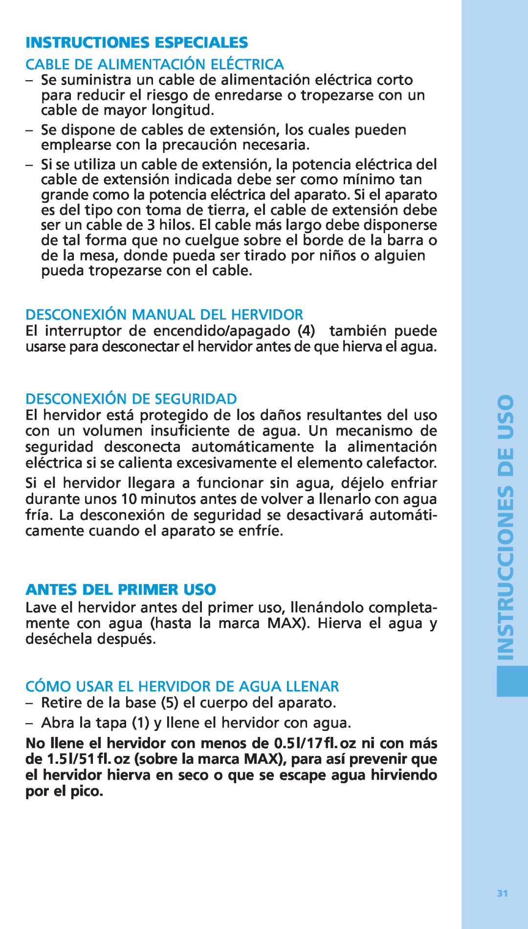 Bodum 5500-16 manual Instructiones Especiales, Cable De Alimentación Eléctrica, Desconexión Manual Del Hervidor 