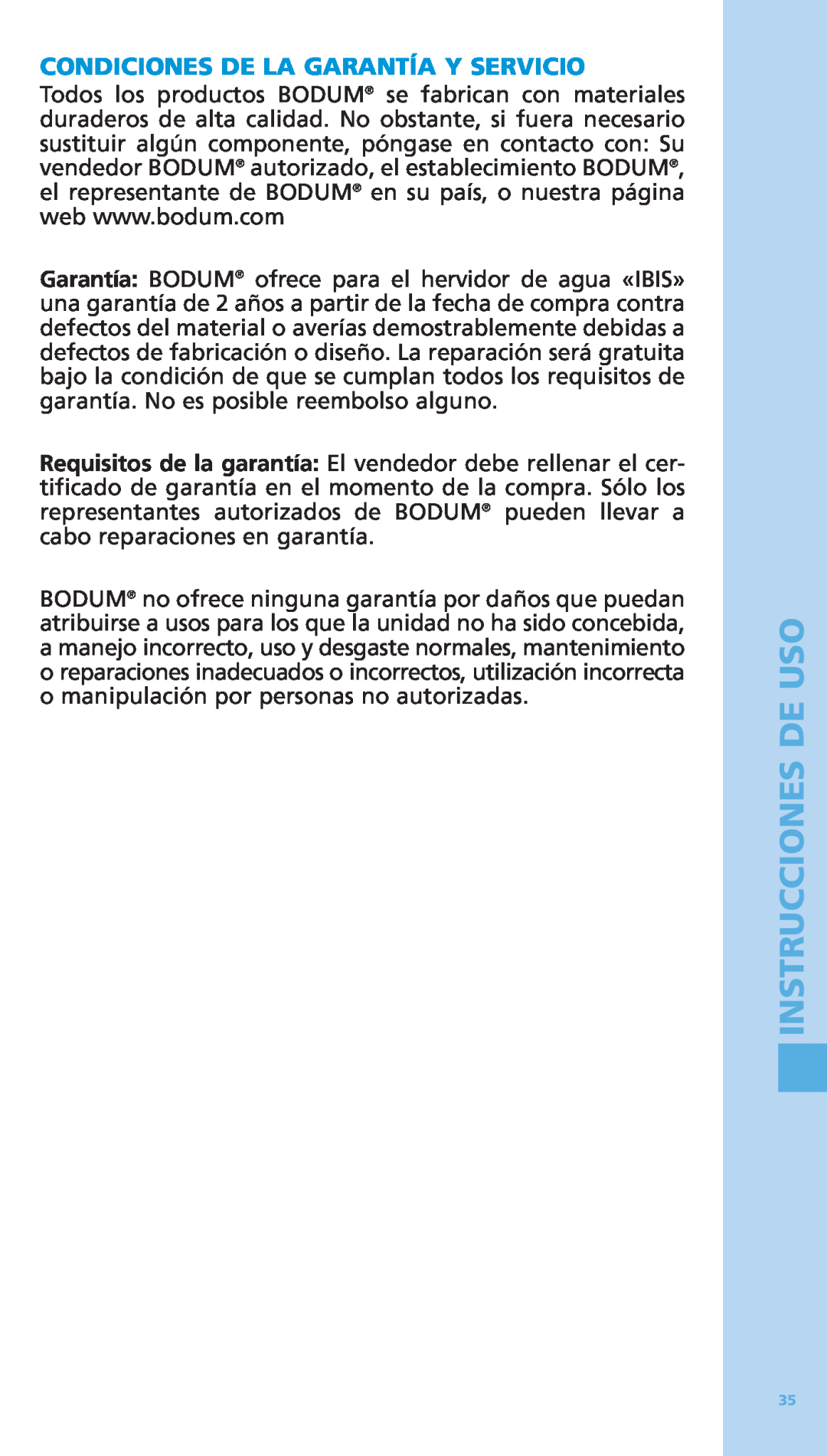 Bodum 5500-16 manual Condiciones De La Garantía Y Servicio, Instrucciones De Uso 