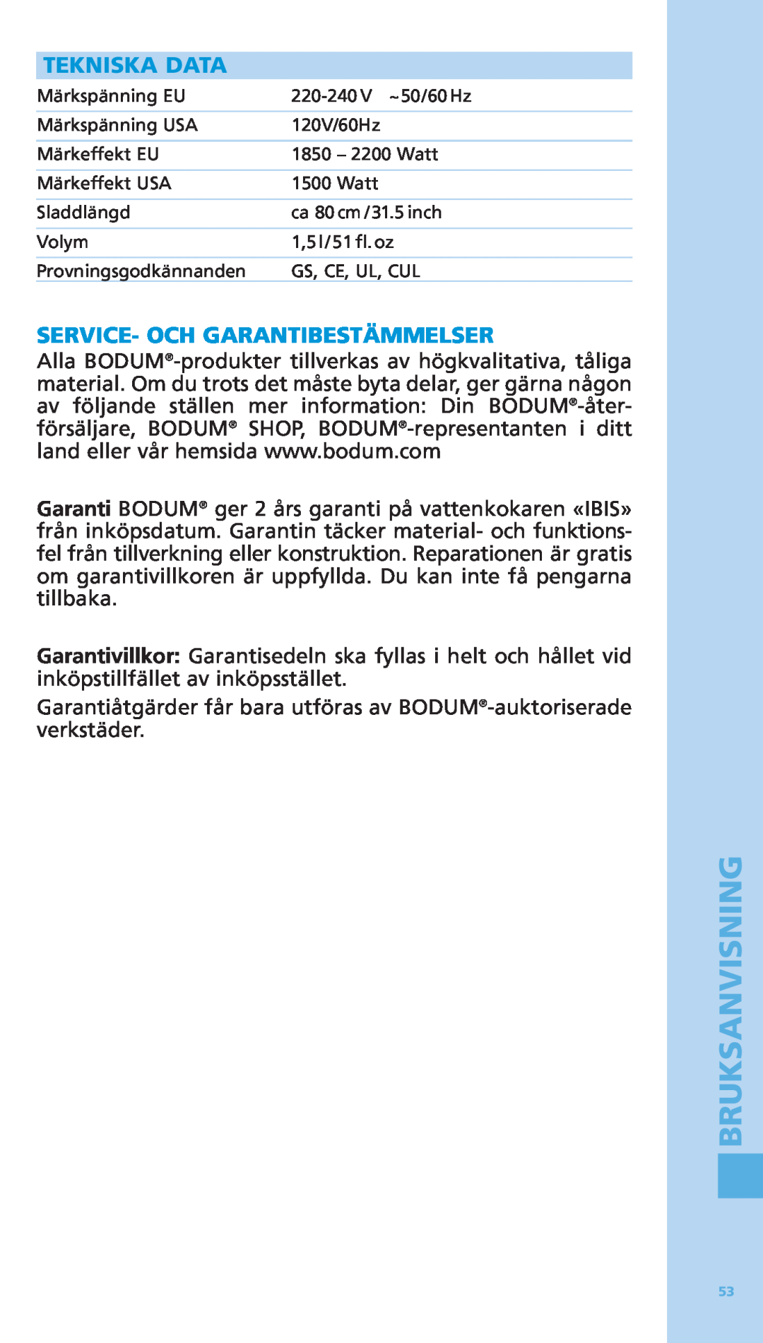 Bodum 5500-16 manual Tekniska Data, Service- Och Garantibestämmelser, Bruksanvisning 