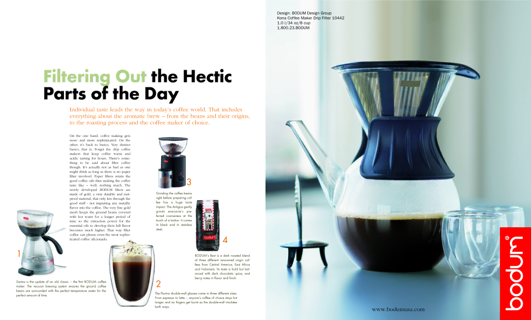 Bodum Cofee Grinder manual Filtering Out the Hectic, Parts of the Day 