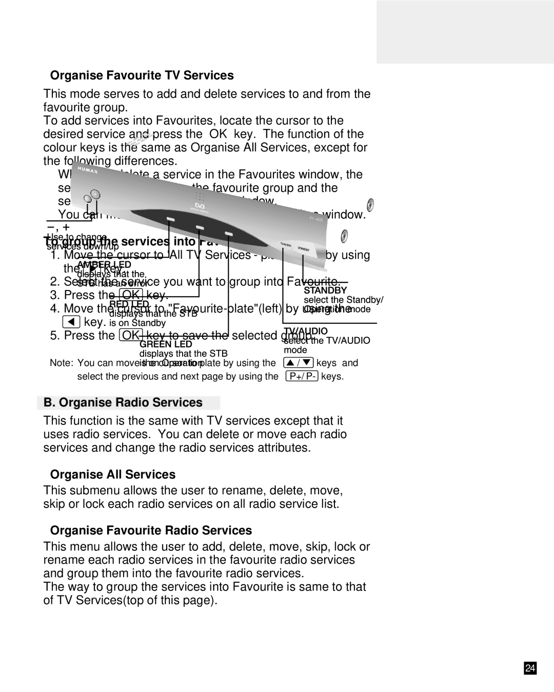 Bodum F1-ACE user manual Organise Favourite TV Services, To group the services into Favourite, Organise Radio Services 