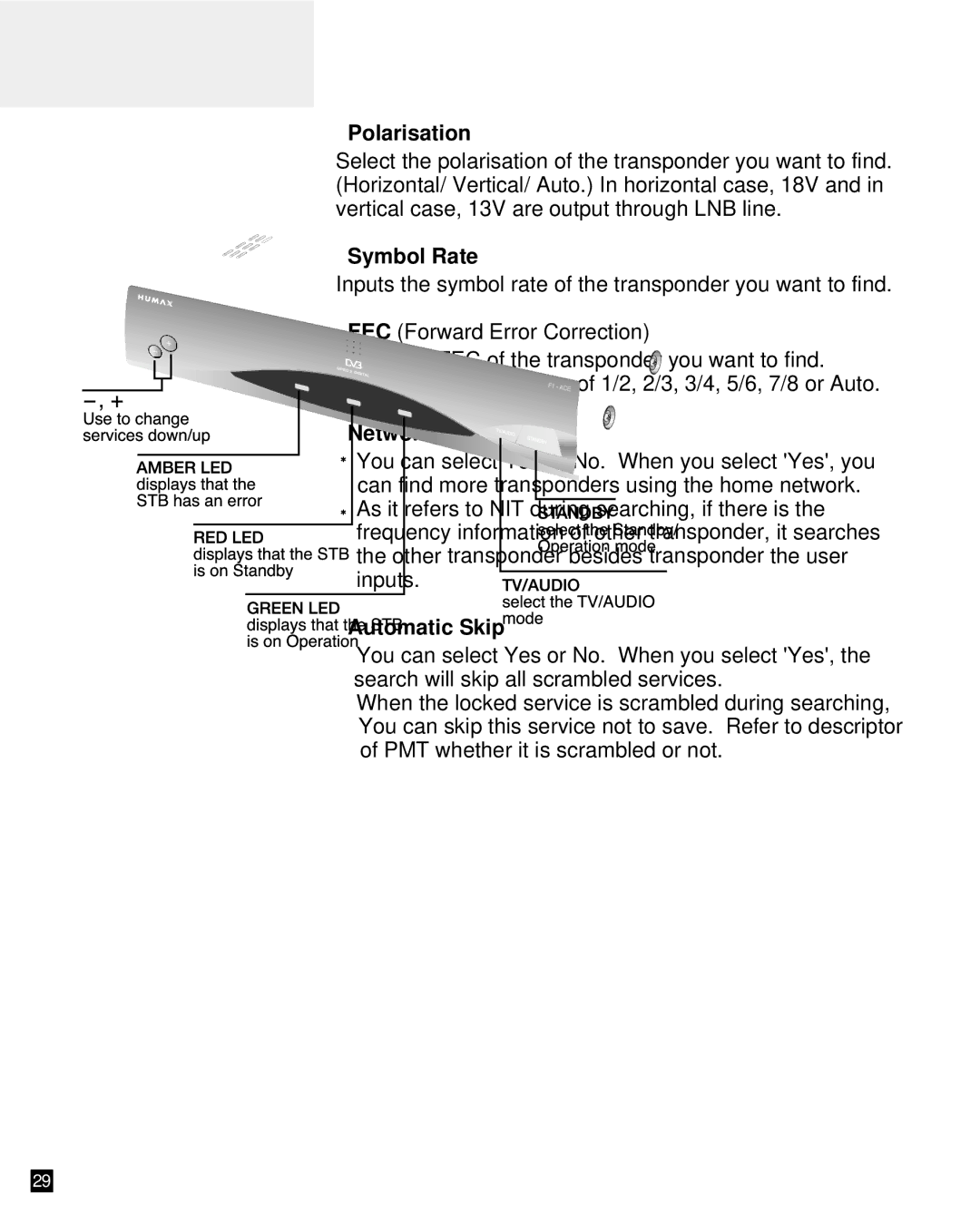 Bodum F1-ACE user manual Polarisation, Symbol Rate, Network Search, Automatic Skip 