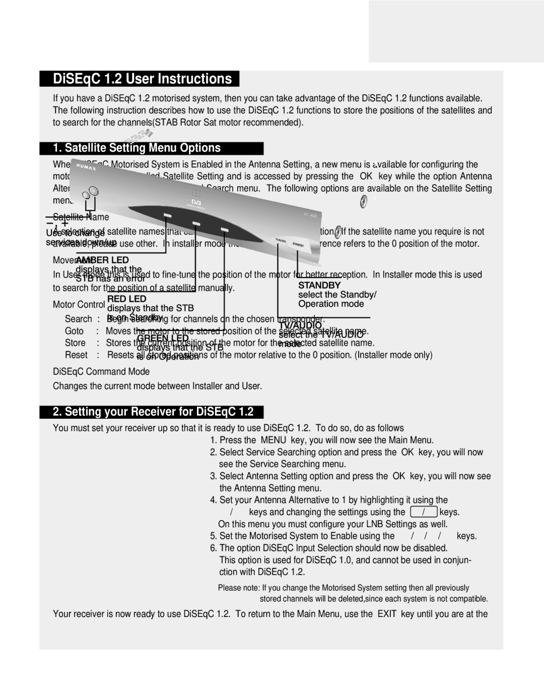 Bodum F1-ACE user manual Motorised System, Satellite Setting Menu Options, Setting your Receiver for DiSEqC 