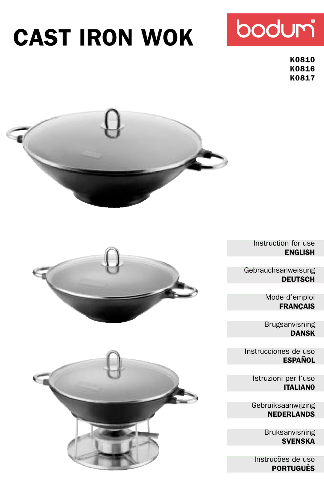 Bodum K0816, K0810, K0817 manual Cast Iron WOK 