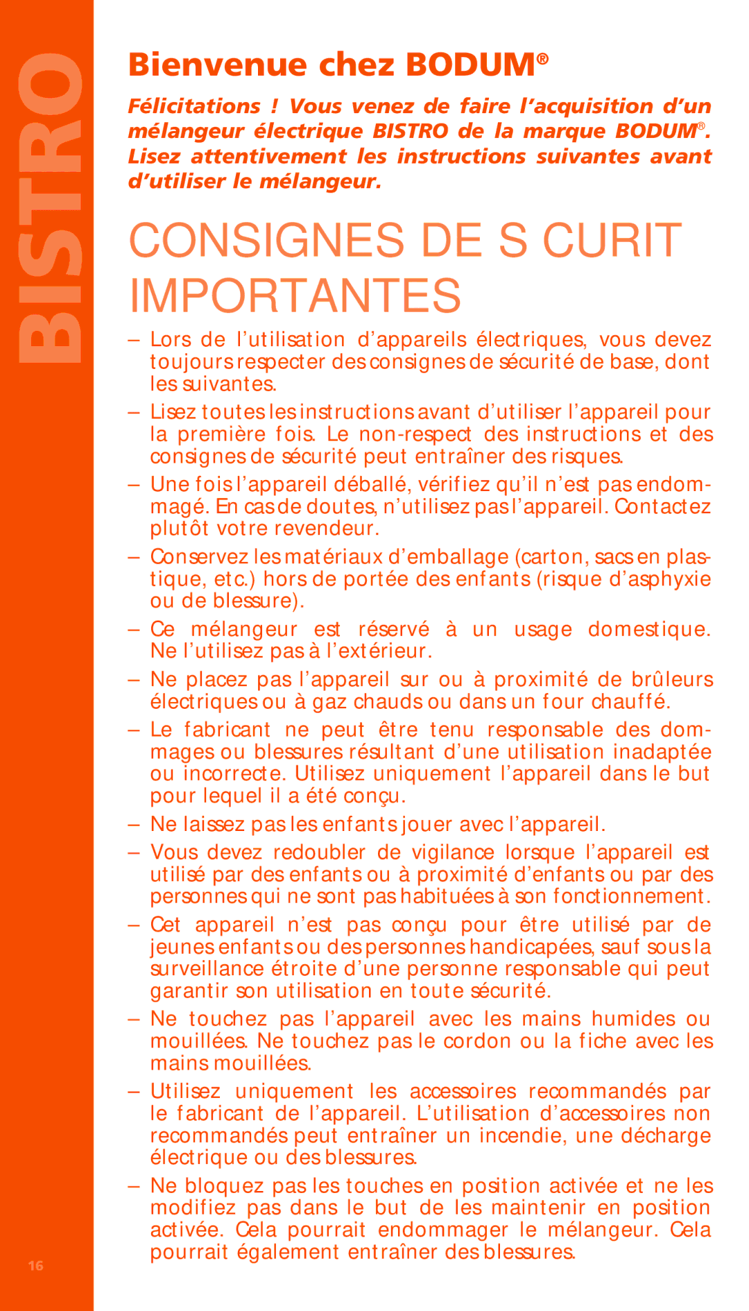 Bodum K11179 manual Consignes DE Sécurité Importantes, Bienvenue chez Bodum 