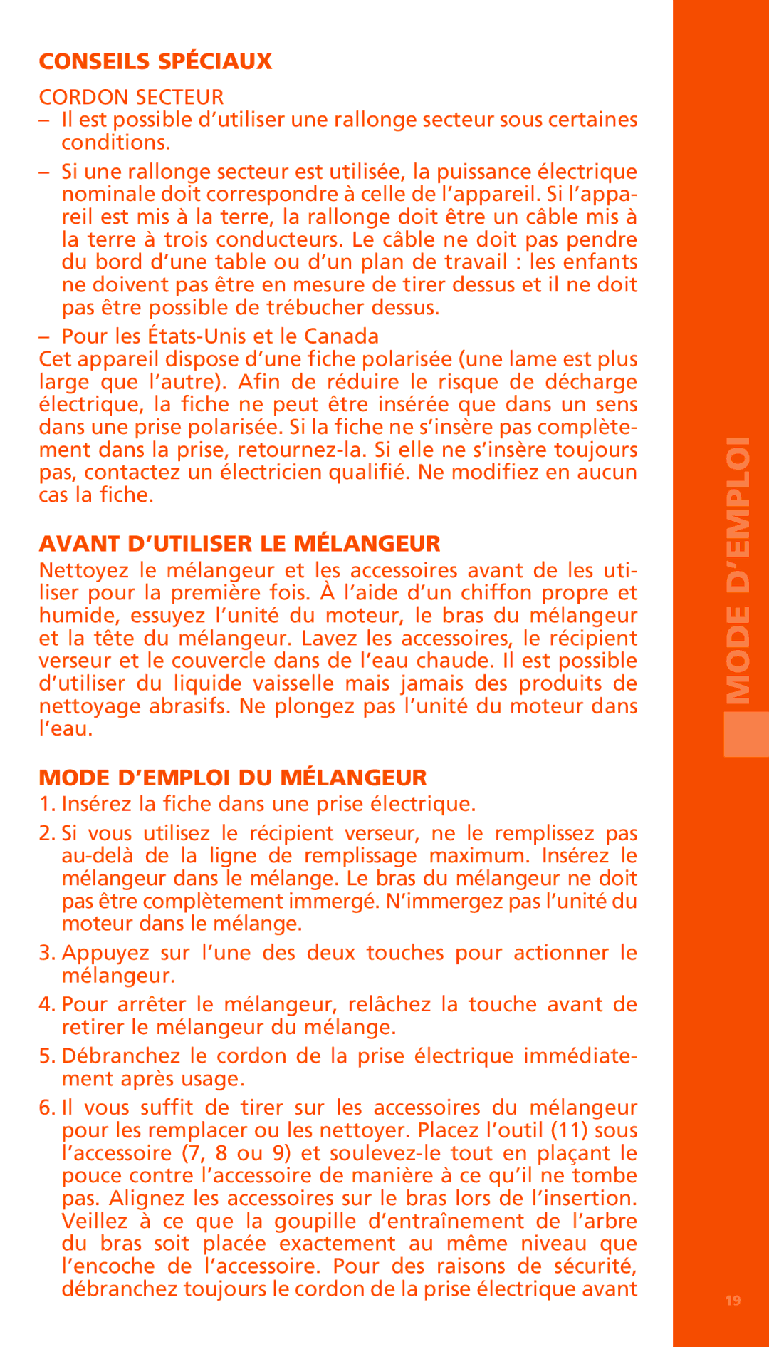 Bodum K11179 manual Conseils Spéciaux, Cordon Secteur, Avant D’UTILISER LE Mélangeur, Mode D’EMPLOI DU Mélangeur 