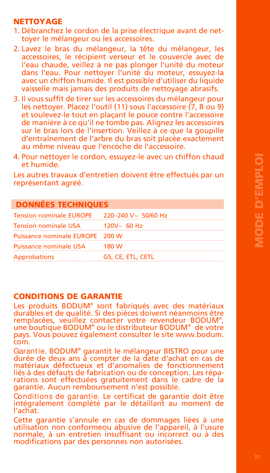 Bodum K11179 manual Nettoyage, Données Techniques, Conditions DE Garantie 