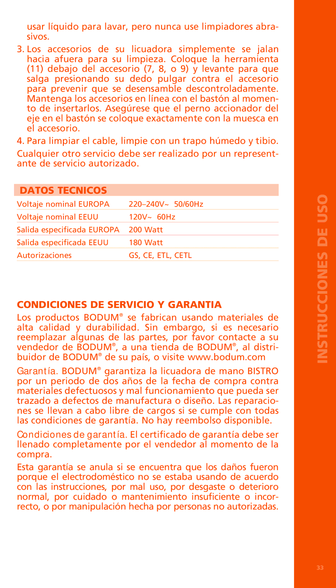 Bodum K11179 manual Datos Tecnicos, Condiciones DE Servicio Y Garantia 