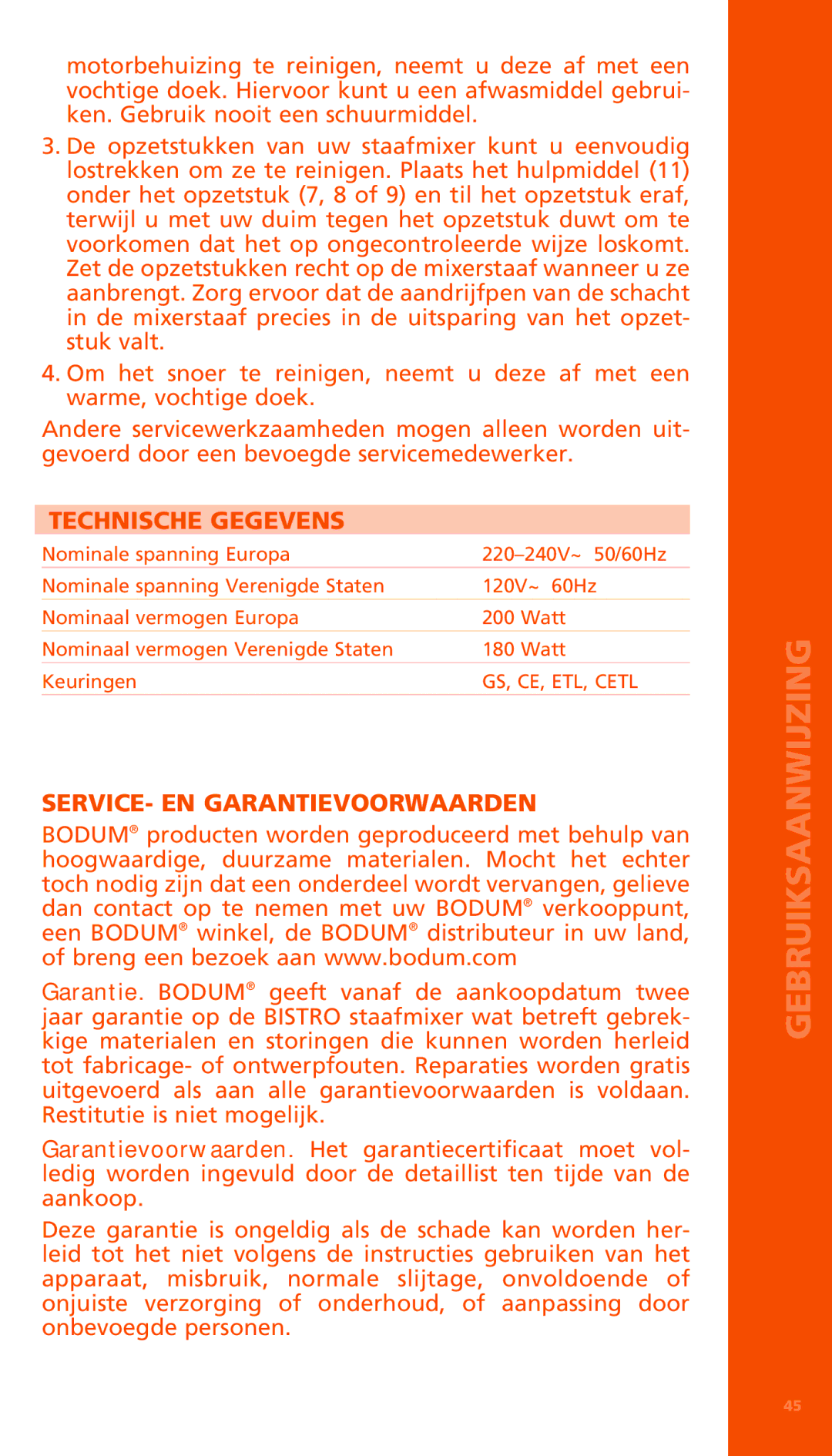 Bodum K11179 manual Technische Gegevens, SERVICE- EN Garantievoorwaarden 