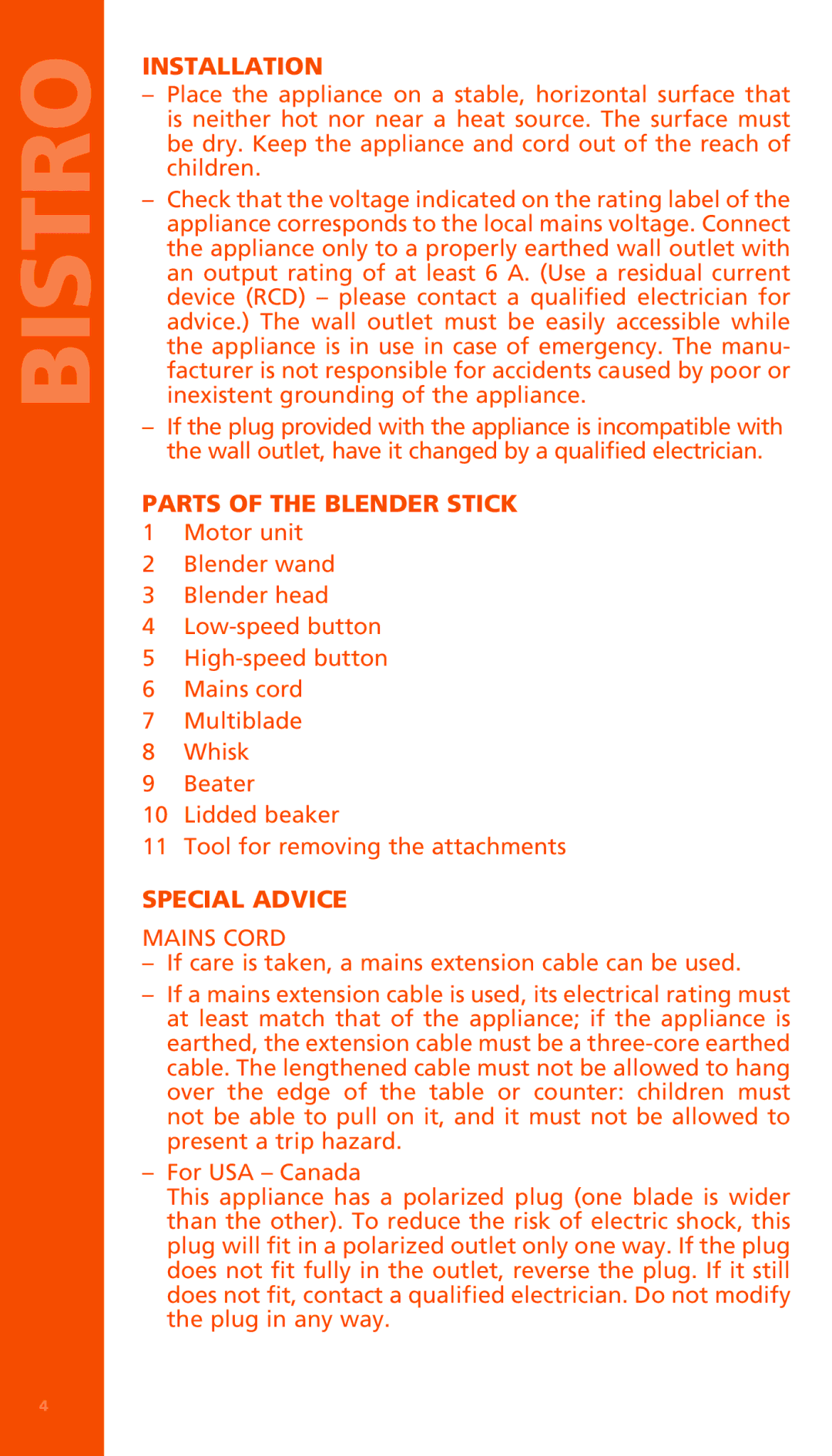 Bodum K11179 manual Installation, Parts of the Blender Stick, Special Advice, Mains Cord 