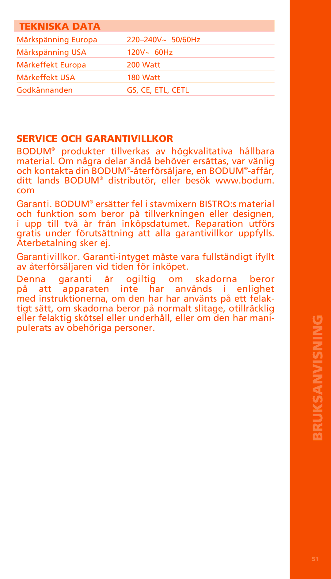 Bodum K11179 manual Tekniska Data, Service och garantivillkor 