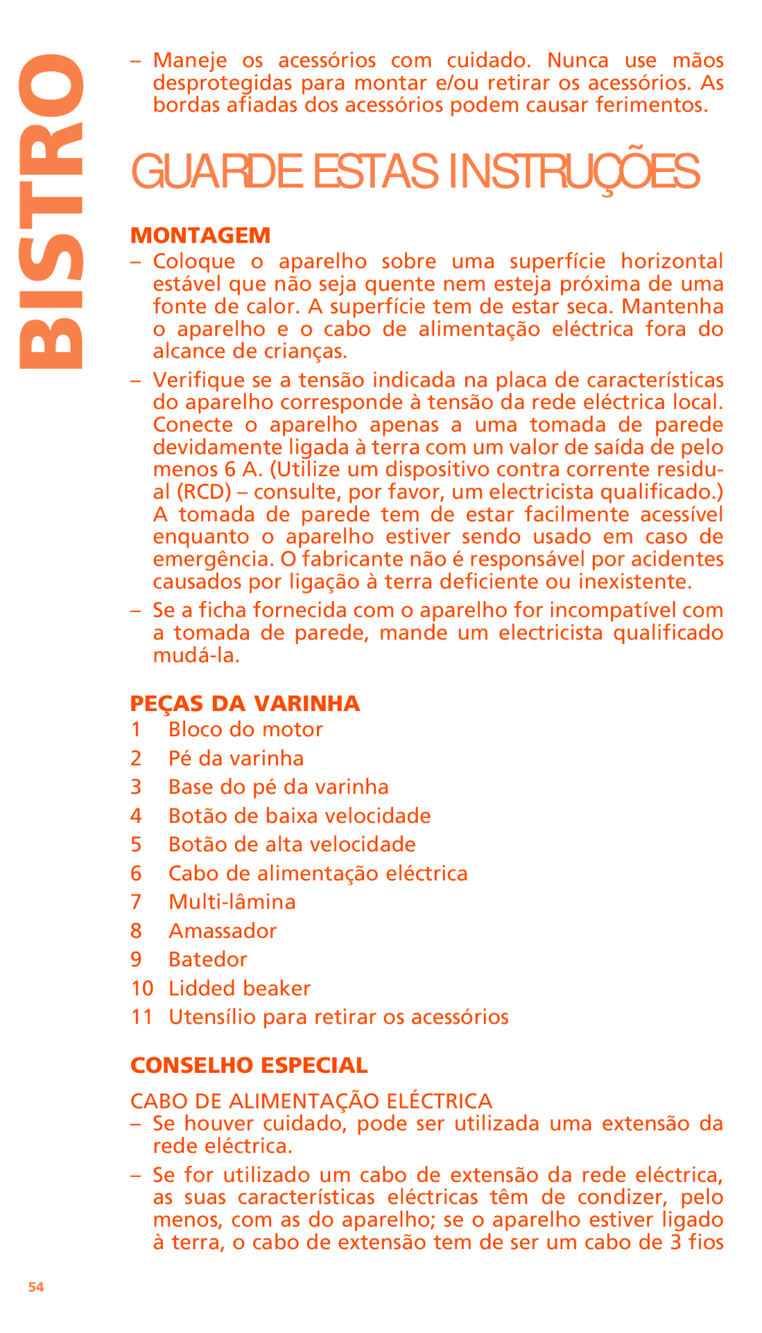 Bodum K11179 manual Montagem, Peças DA Varinha, Conselho Especial, Cabo DE Alimentação Eléctrica 