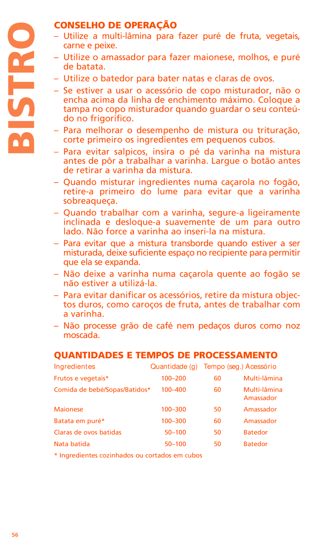 Bodum K11179 manual Conselho DE Operação, Quantidades E Tempos DE Processamento, Ingredientes 