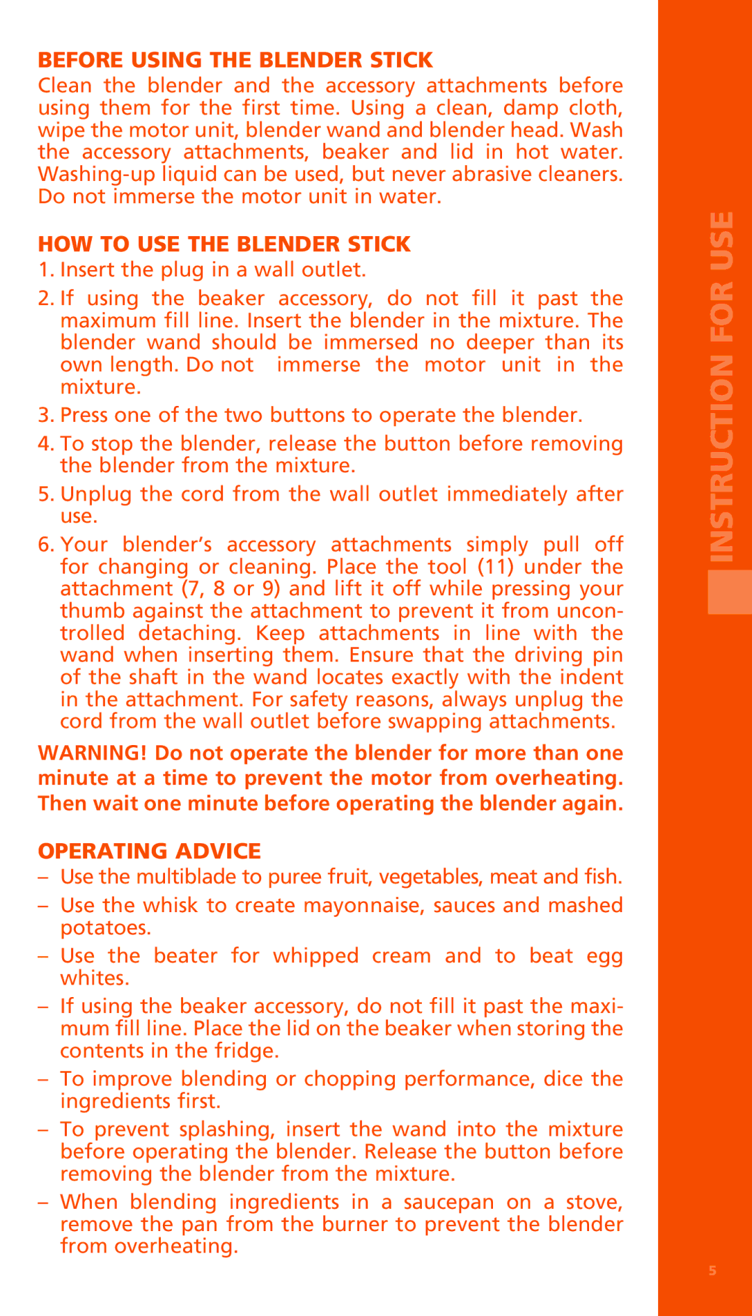 Bodum K11179 manual Before Using the Blender Stick, HOW to USE the Blender Stick, Operating Advice 