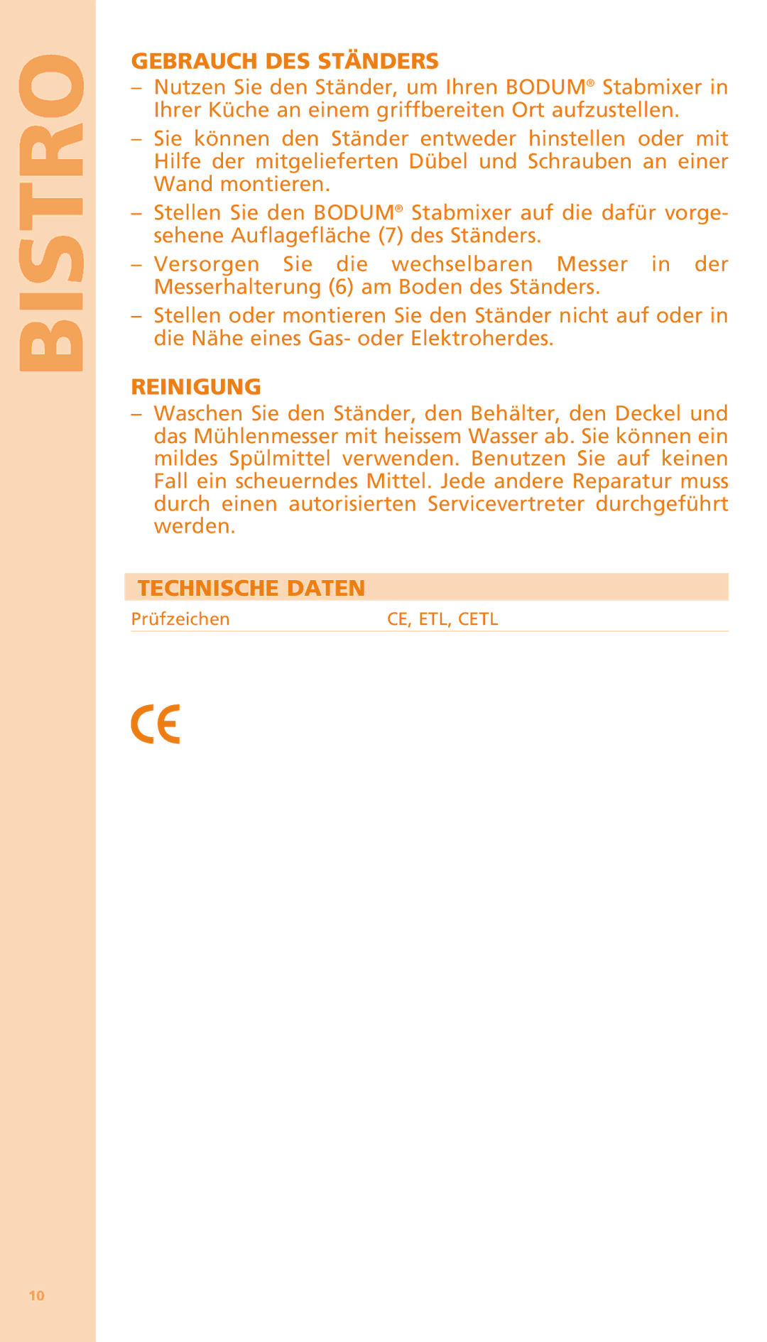 Bodum K11204 manual Gebrauch DES Ständers, Reinigung, Technische Daten 