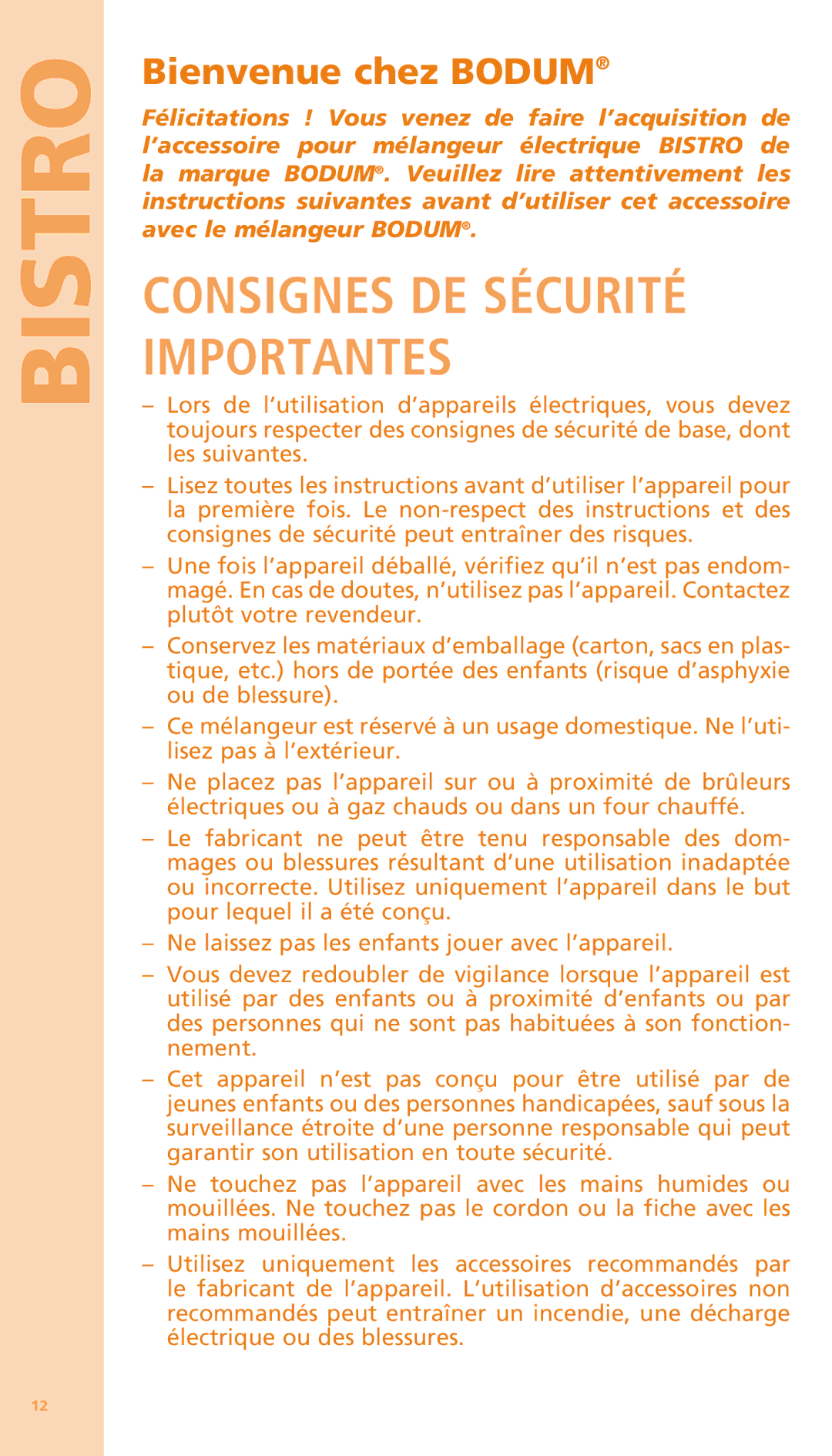 Bodum K11204 manual Consignes DE Sécurité Importantes, Bienvenue chez Bodum 