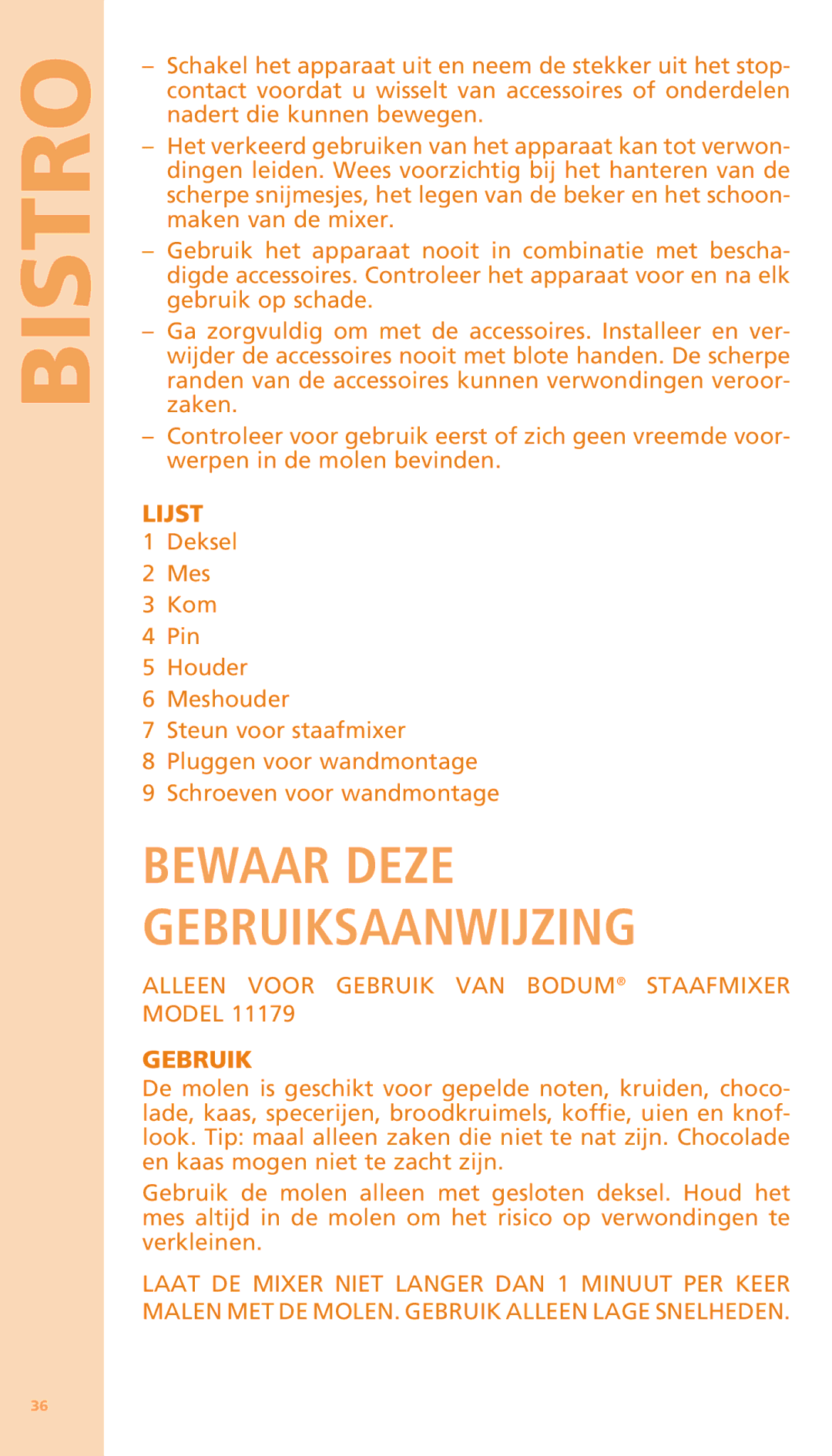 Bodum K11204 manual Bewaar Deze Gebruiksaanwijzing, Lijst 