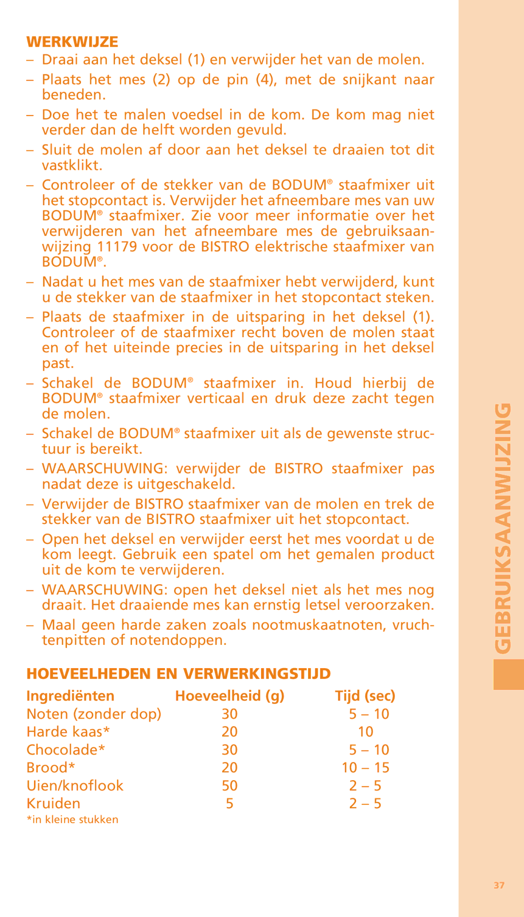 Bodum K11204 manual Werkwijze, Hoeveelheden EN Verwerkingstijd 