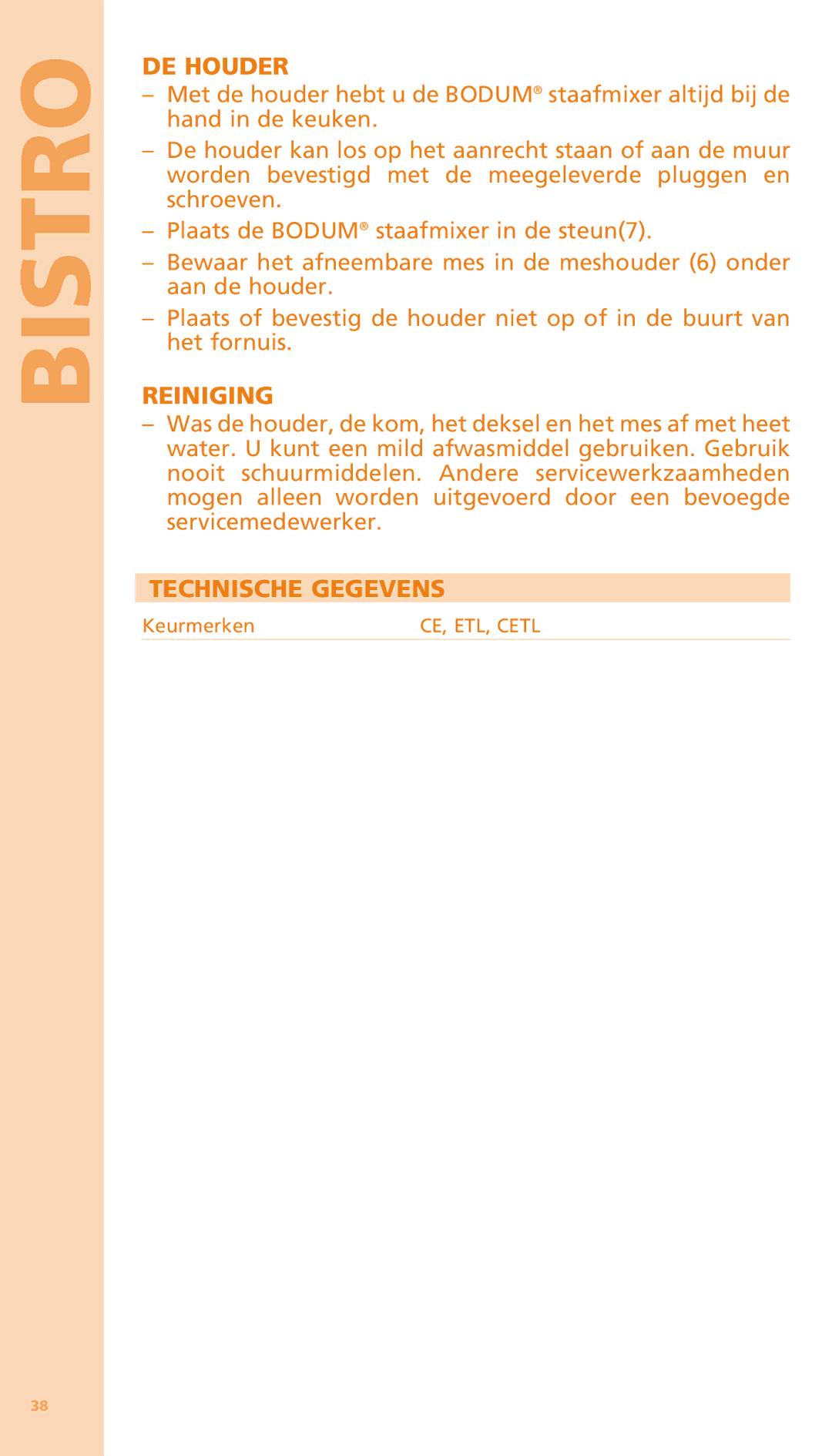 Bodum K11204 manual DE Houder, Reiniging, Technische Gegevens 