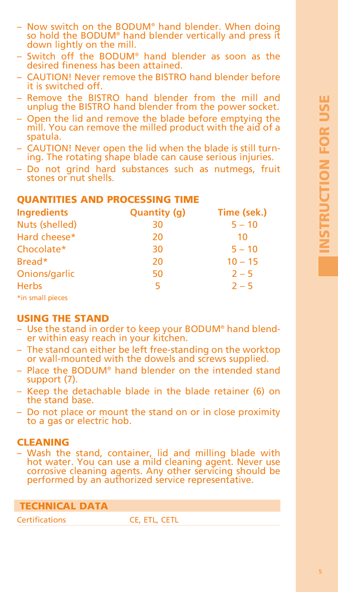 Bodum K11204 manual Using the Stand, Cleaning, Technical Data 