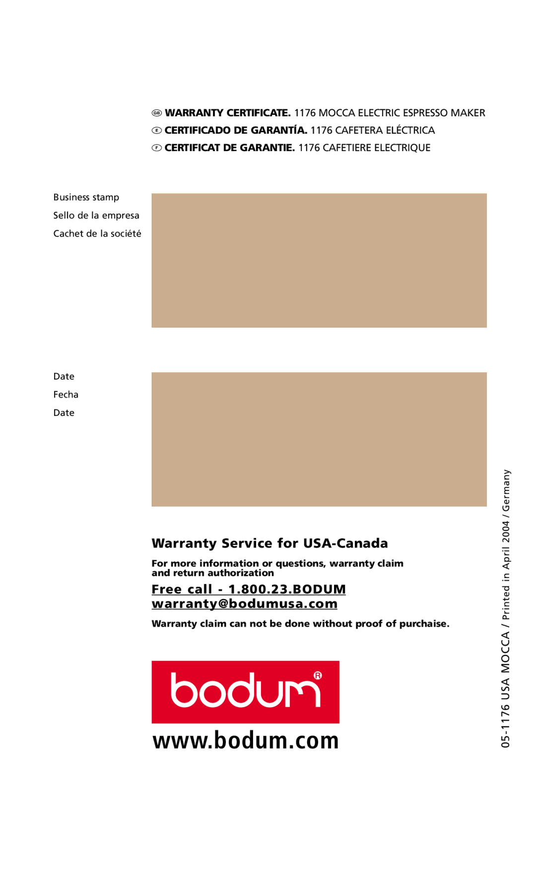 Bodum MOCCA 1176 USA manual Warranty Service for USA-Canada 