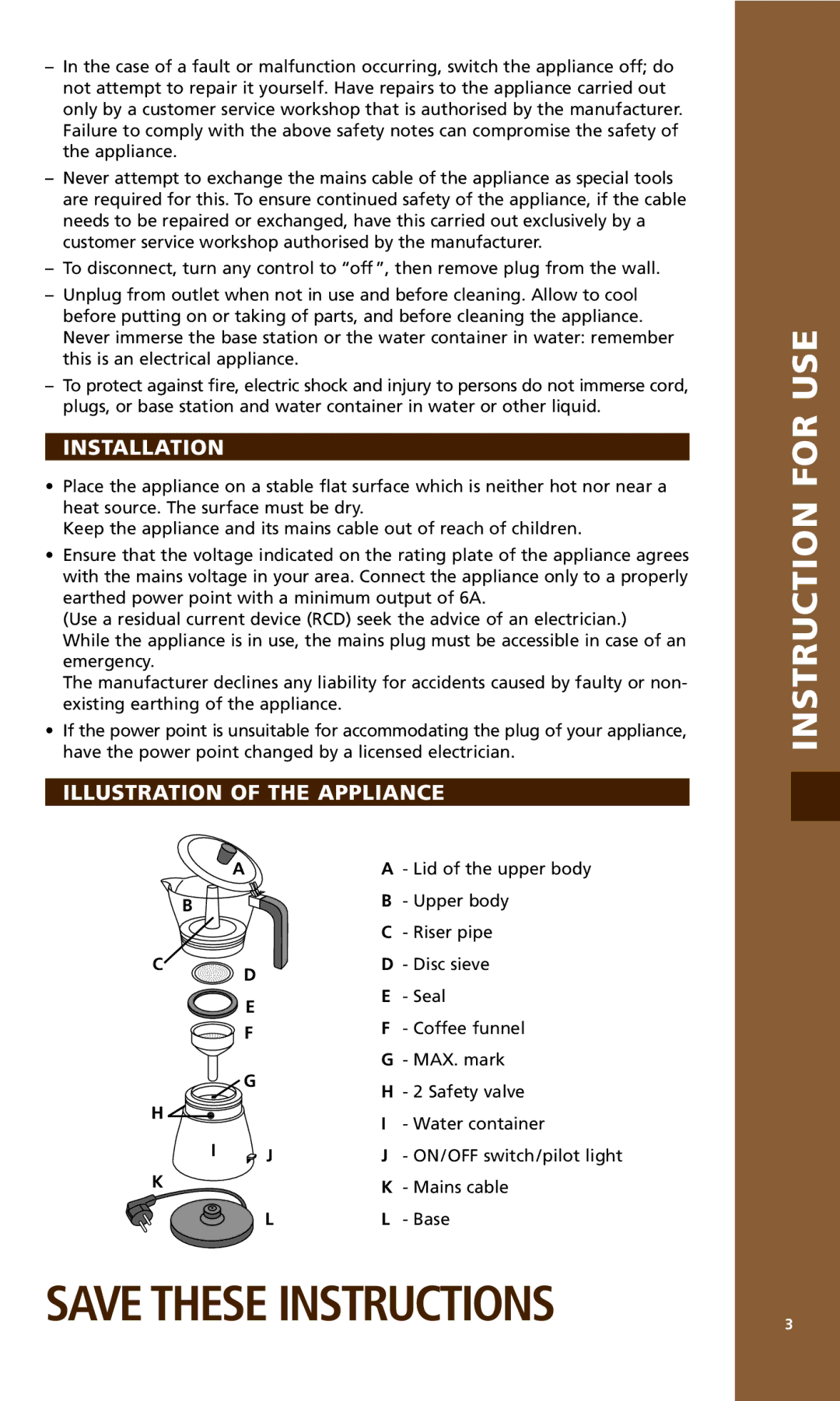 Bodum MOCCA 1176 USA manual Installation, Illustration of the Appliance 