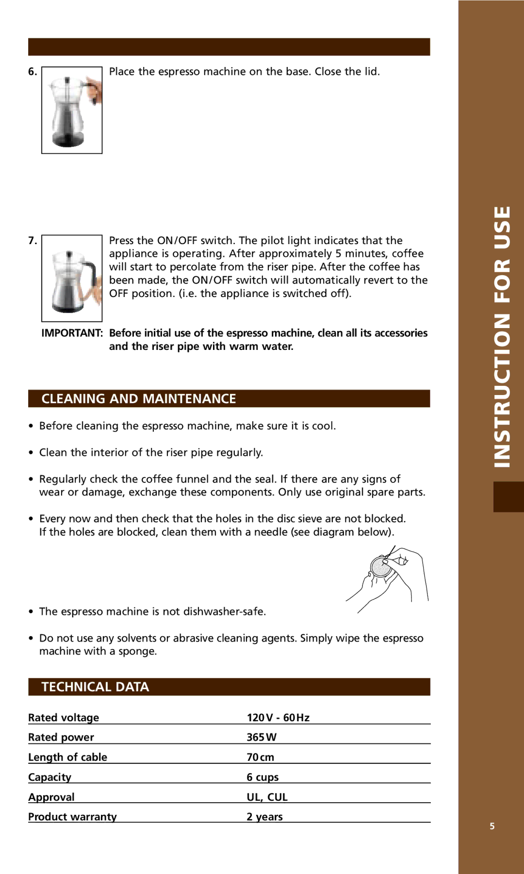 Bodum MOCCA 1176 USA manual Cleaning and Maintenance, Technical Data 