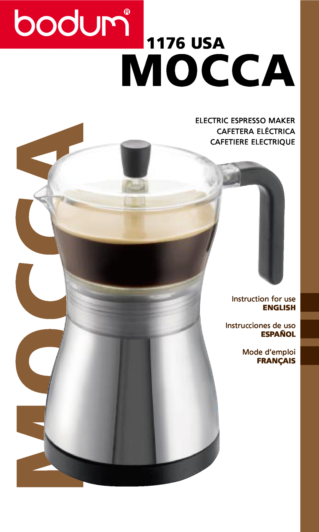 Bodum MOCCA 1176 USA manual Mocca, Cafetera Eléctrica, Cafetiere Electrique, Instruction for use, English, Español 