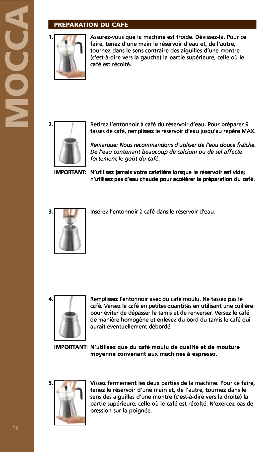 Bodum MOCCA 1176 USA manual Mocca, Preparation Du Cafe 