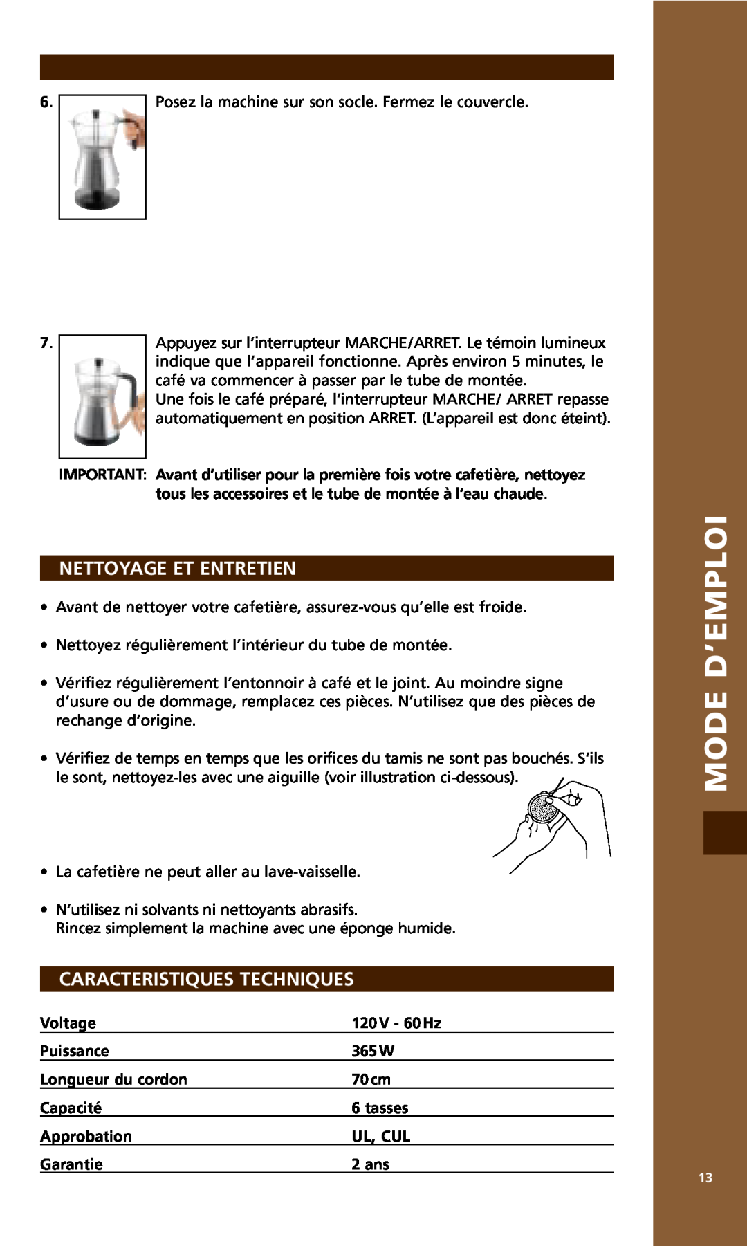 Bodum MOCCA 1176 USA manual Nettoyage Et Entretien, Caracteristiques Techniques, Mode D’Emploi 