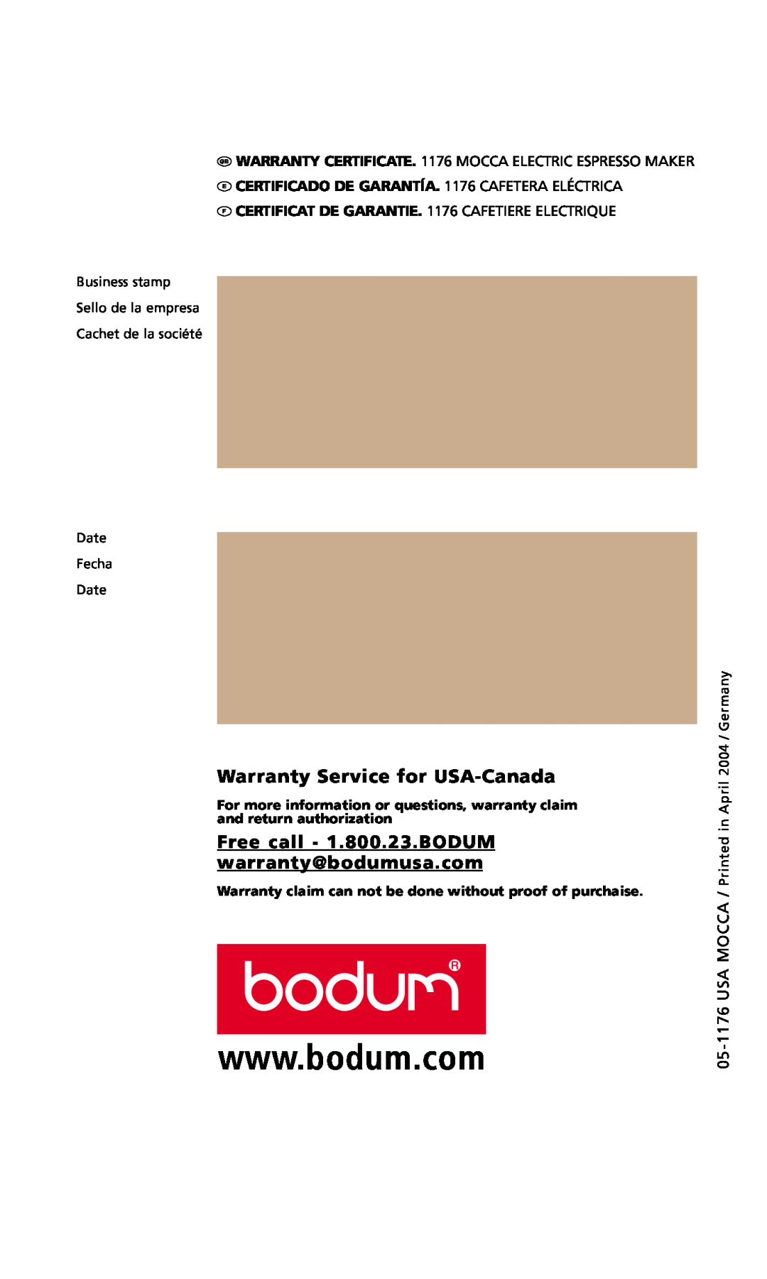 Bodum MOCCA 1176 USA manual Warranty Service for USA-Canada, Free call - 1.800.23.BODUM warranty@bodumusa.com 