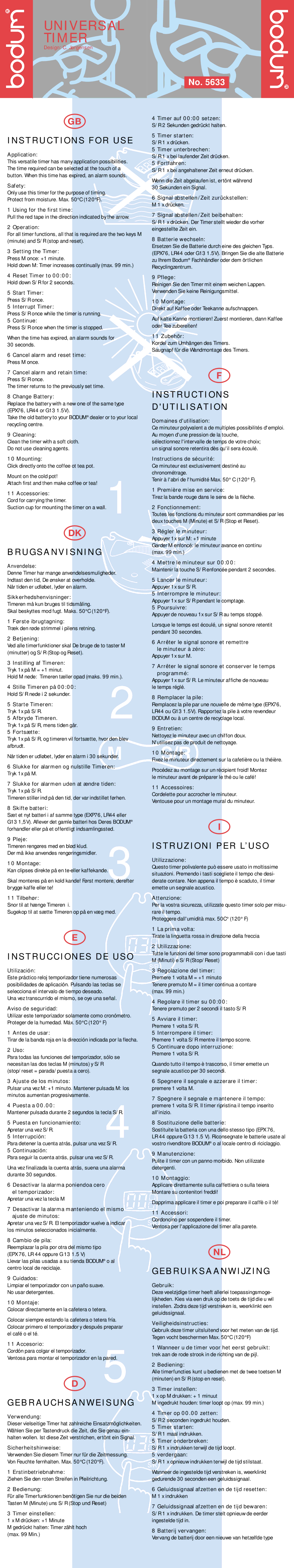 Bodum timer manual Instructions Dutilisation, Istruzioni PER L’USO, Gebrauchsanweisung 