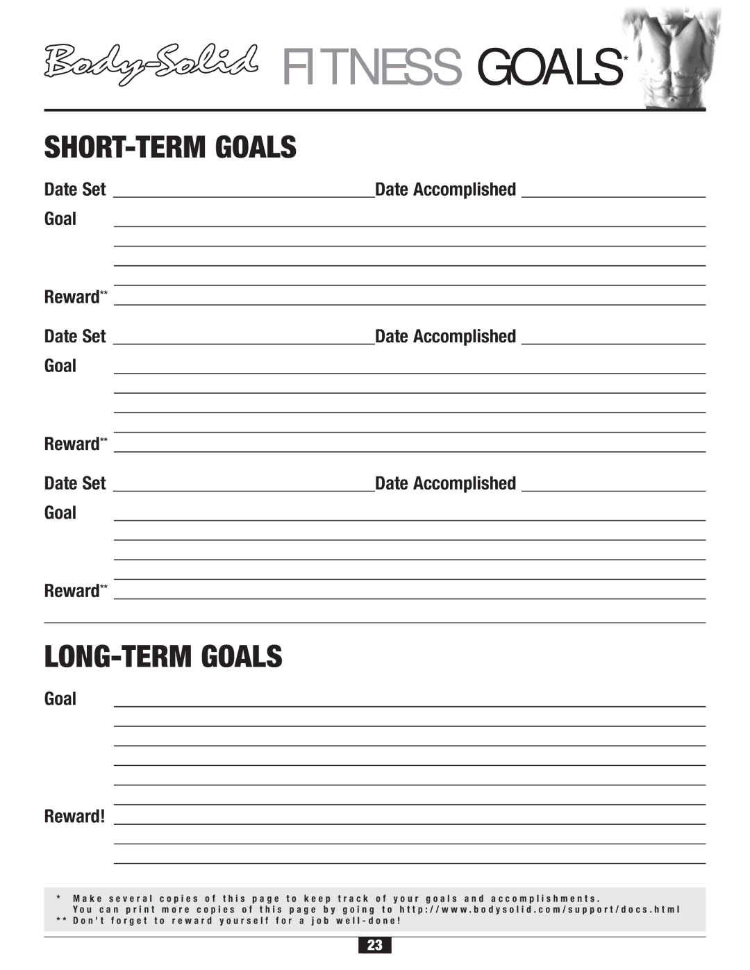 Body Solid FID 46 manual SHORT-TERM Goals, LONG-TERM Goals, Date Accomplished, Goal Reward 