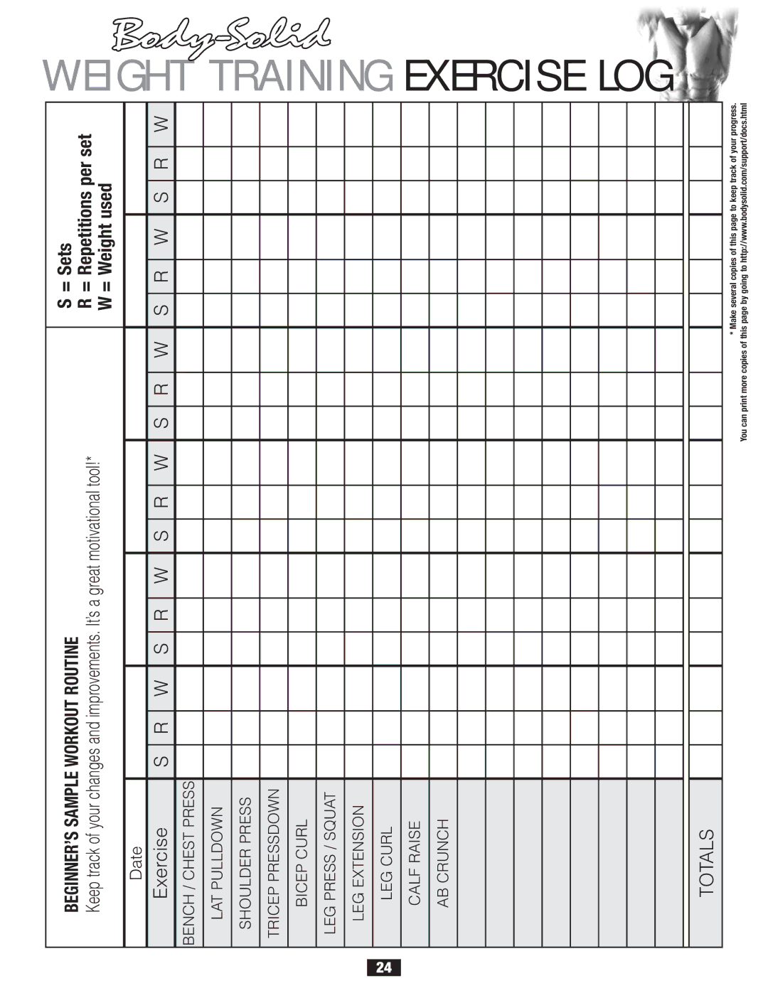 Body Solid FID 46 manual = Sets, = Repetitions per set, = Weight used 