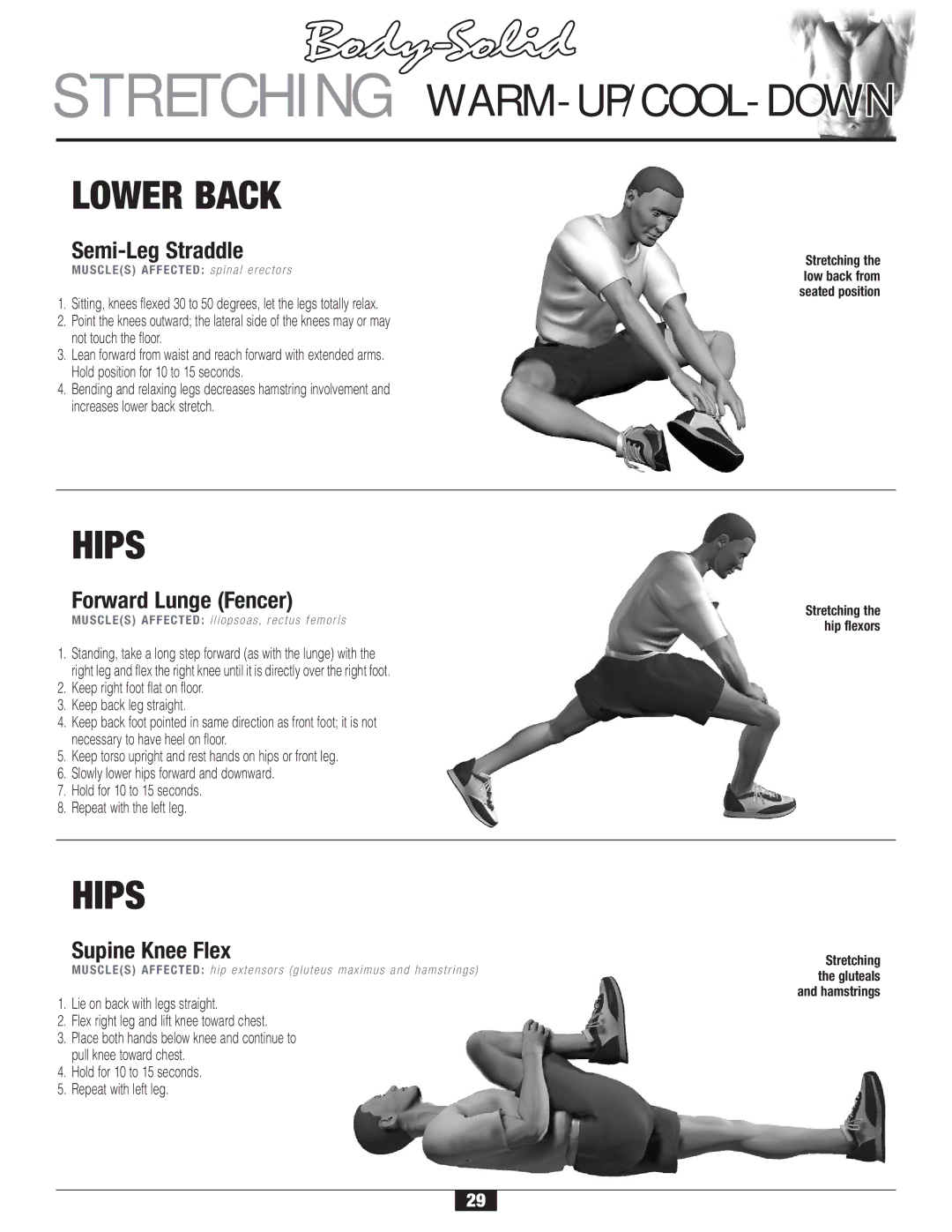 Body Solid FID 46 manual Hips, Semi-Leg Straddle, Forward Lunge Fencer, Supine Knee Flex 